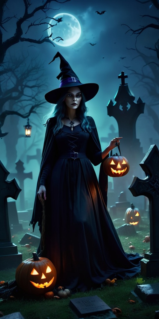 Spooky Halloween scene featuring a mysterious witch in a graveyard,  atmospheric,  dark and moody by Vision_Ai on Tensor.Art
