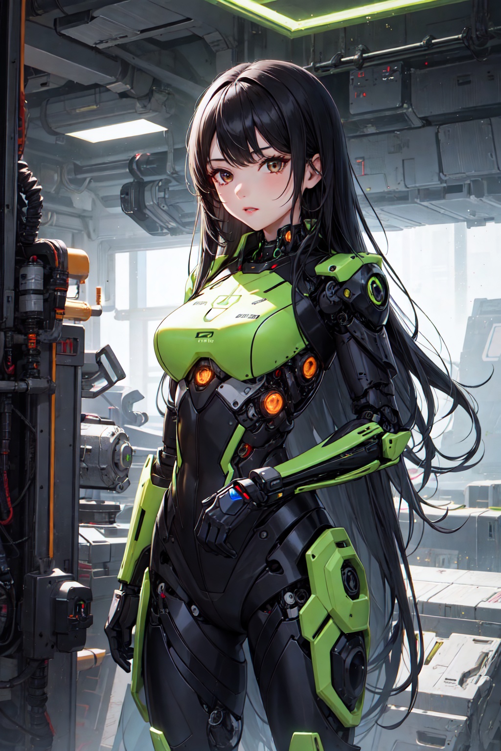 1girl,  very long black hair with green detials,  brown eyes on Tensor.Art
