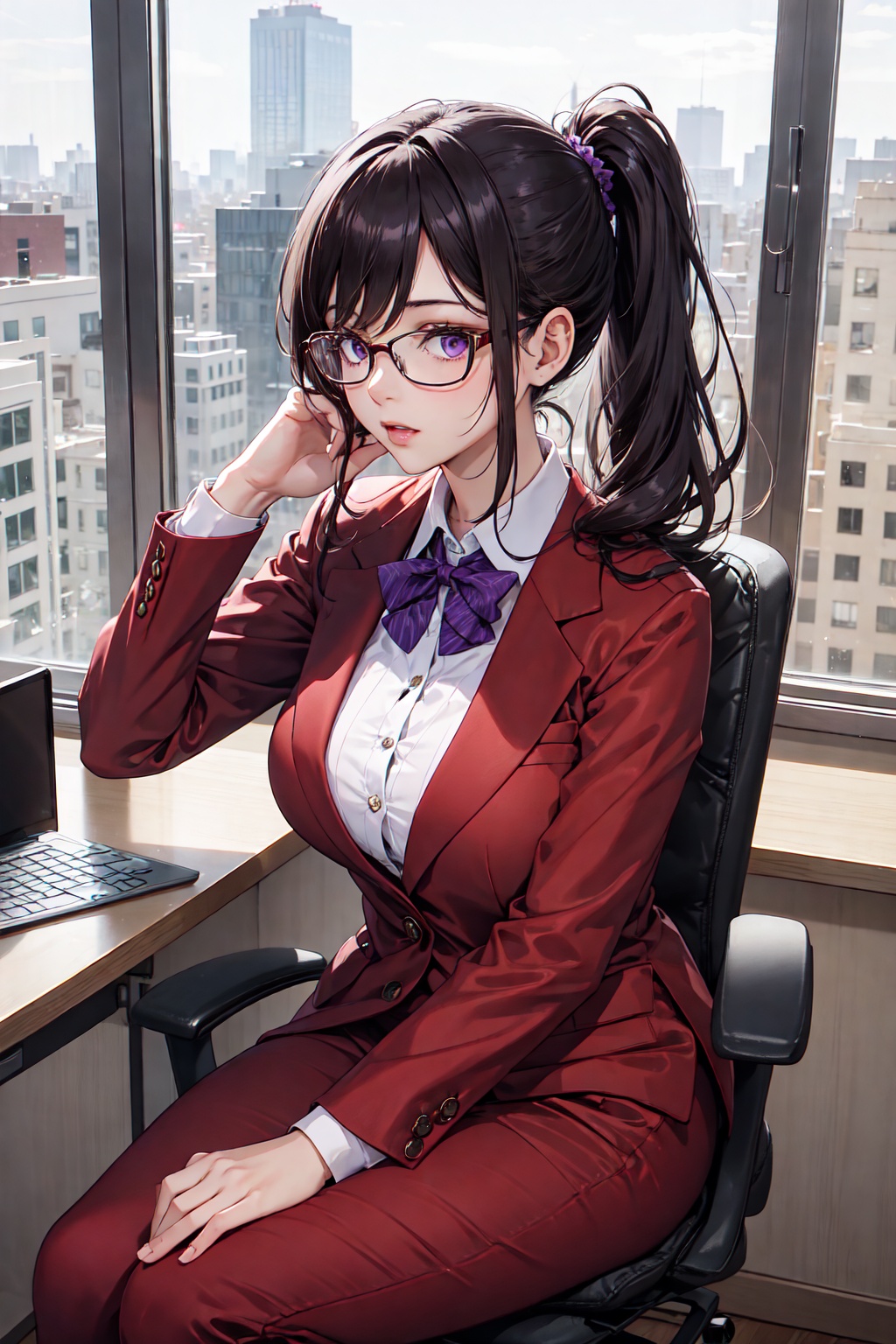 1girl with a very long hair,  side ponytail,  pompous red suit with purple details on Tensor.Art