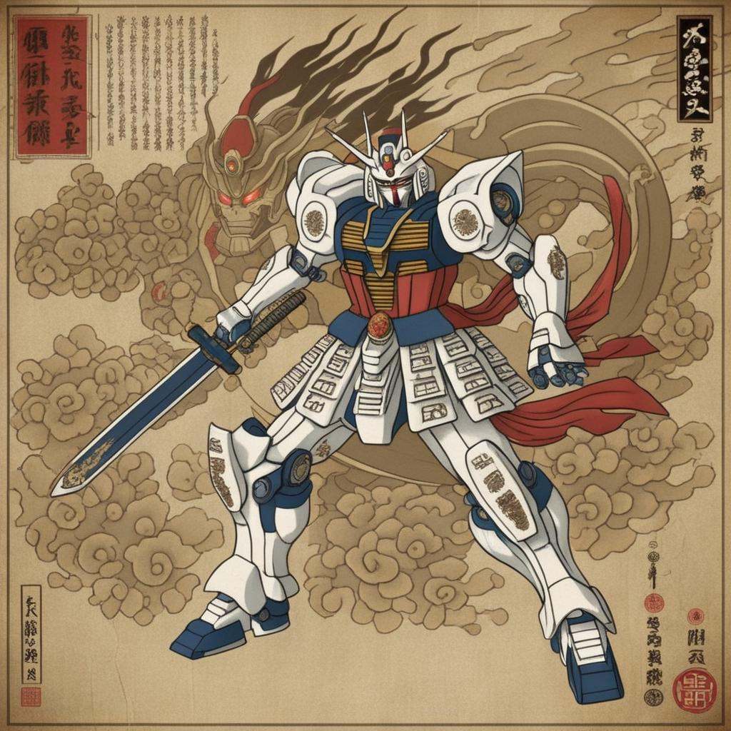 he illustration depicts a robot resembling a Gundam,  yet it is profoundly influenced by traditional Japanese aesthetics,...