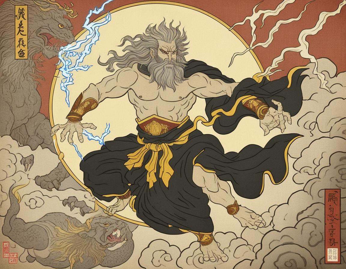 The illustration showcases Zeus,  the king of the gods,  rendered in the delicate and detailed aesthetics of Ukiyo-e art s...