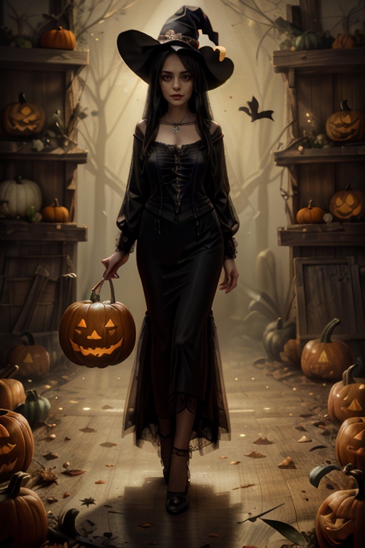 (full body),((Unforgettable)), ((Stunning)), ((Captivating)), ((Immersive)), ((Mind-blowing)), ((Exquisite)), fantasy, Nature, Spells, Enchantress, raw photo, Original photo, RAW Image, Unedited photo, studio lighting, Professional lighting, Photography lighting, Controlled light, Enhanced colors, Increased contrast, Polarizing filter, n3n3k, looking at viewer,witch, long hair, black hair, dress, jewelry, necklace,((lots of pumpkins in the background)),  <lora:n3n3k-04:1>, <lora:yuzuv10:0.6>, <lora:more_details:0.6>,  <lora:slit-pupils:0.6> 