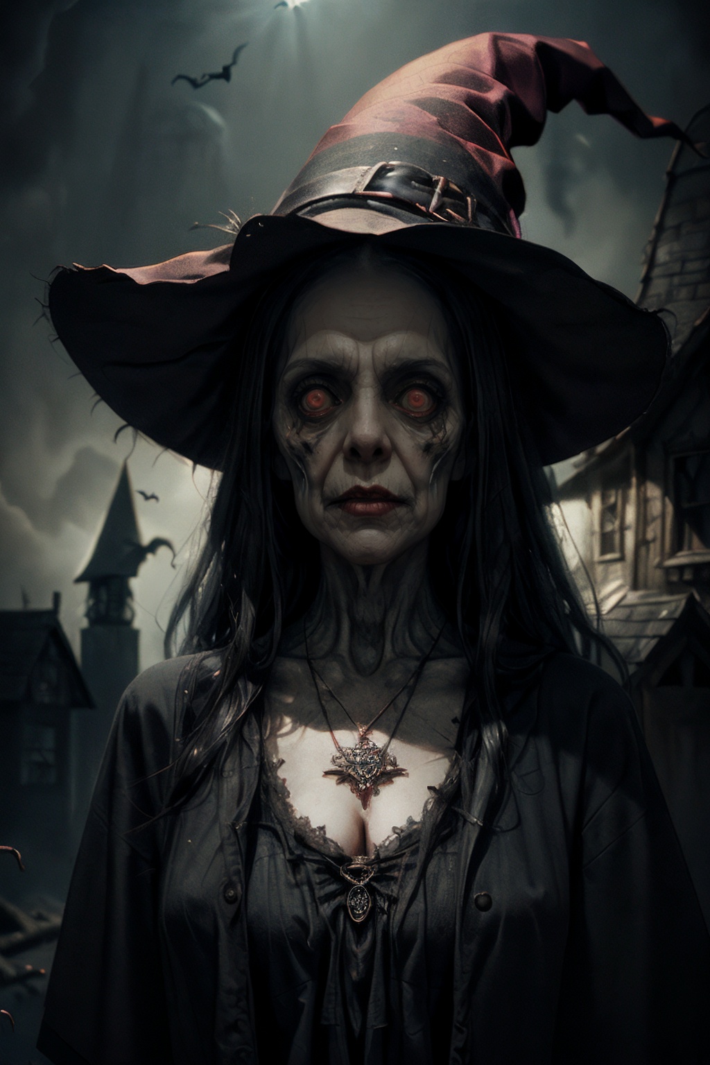 n3n3k, looking at viewer, hat, witch hat, witch, black headwear, jewelry, necklace,rim light,((witch's house background)),   <lora:Evil_Witch-000005:1>