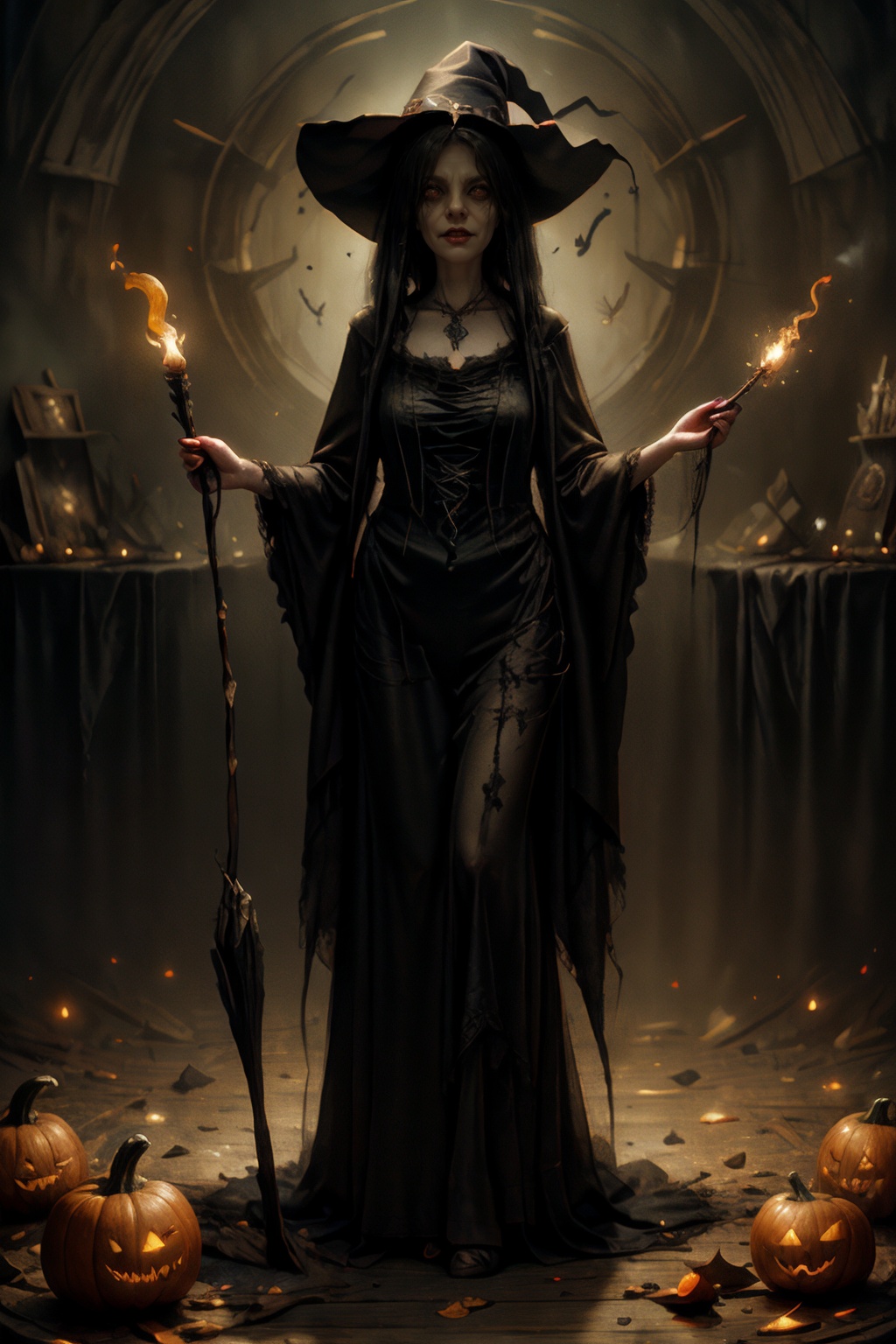 (full body),((Unforgettable)), ((Stunning)), ((Captivating)), ((Immersive)), ((Mind-blowing)), ((Exquisite)), fantasy, Nature, Spells, Enchantress, raw photo, Original photo, RAW Image, Unedited photo, studio lighting, Professional lighting, Photography lighting, Controlled light, Enhanced colors, Increased contrast, Polarizing filter, n3n3k, looking at viewer, horror (theme), witch, long hair, black hair, dress, jewelry, necklace,background banyak pumpkin,  <lora:n3n3k-02:1>, <lora:yuzuv10:0.8>, <lora:more_details:0.6>,  <lora:slit-pupils:0.6>