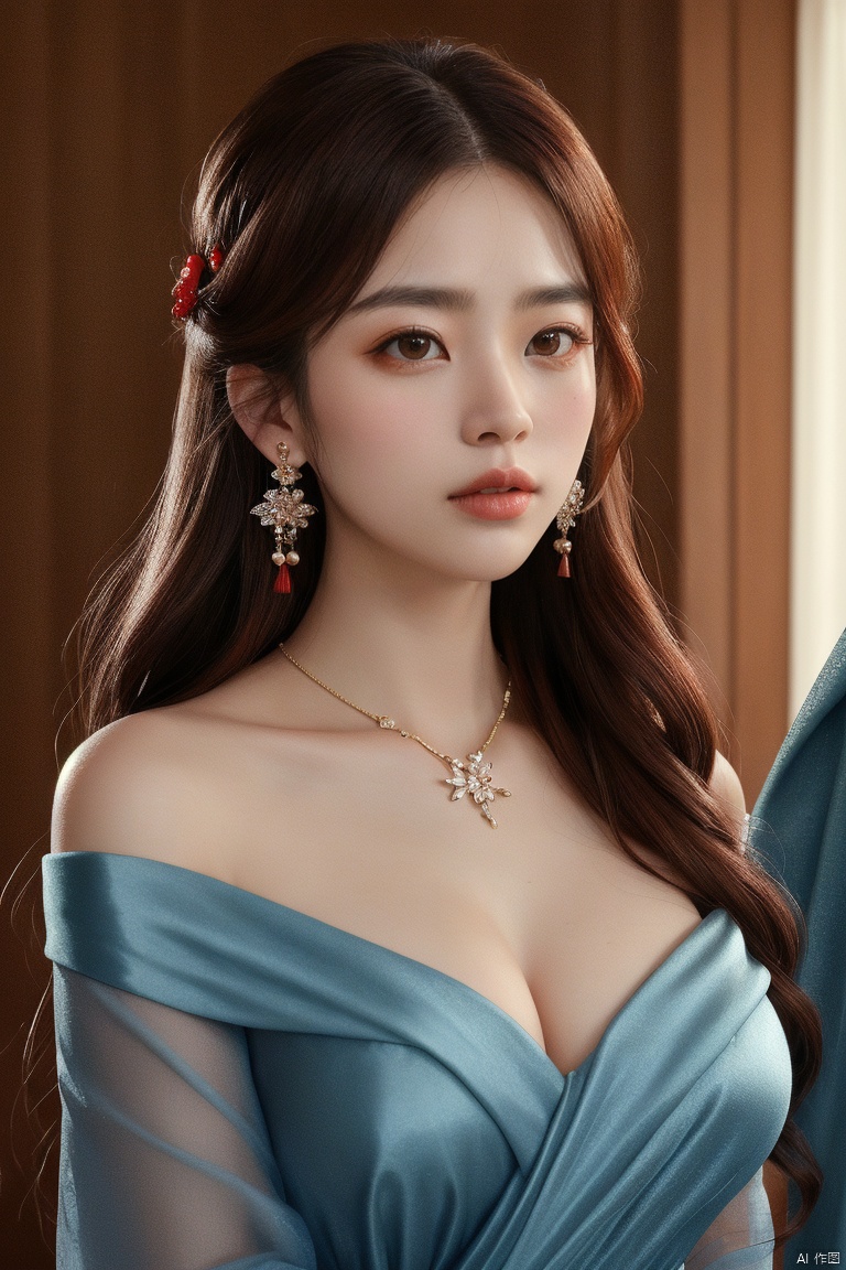  gufeng02,1girl,solo,flower,jewelry,hair ornament,earrings,chinese clothes,holding,branch,red lips,hair flower,brown hair,dress,hanfu,white flower,looking at viewer,upper body,long sleeves,wide sleeves,holding flower,indoors,bare shoulders,makeup,see-through,collarbone,breasts,brown eyes,sash,blue dress,shawl,,, masterpiece, best quality,