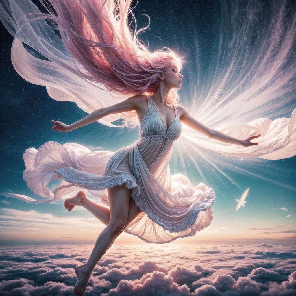 A dreamy,  celestial scene with swirling pastel hues and a lone figure suspended in mid-air,  radiating ethereal energy. o...