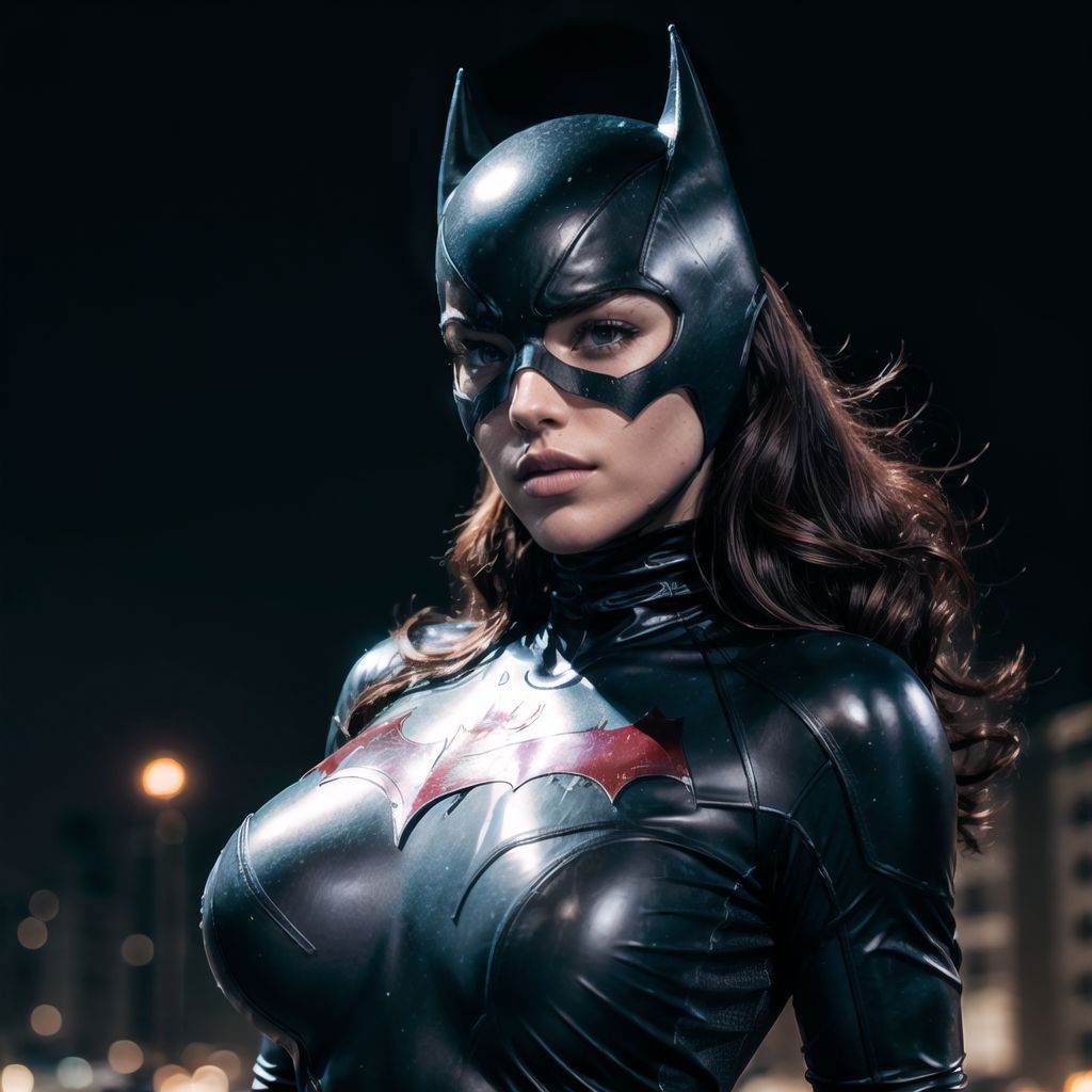 dark scene,  (hero shot of a woman wearing a batwoman costume), on Tensor.Art