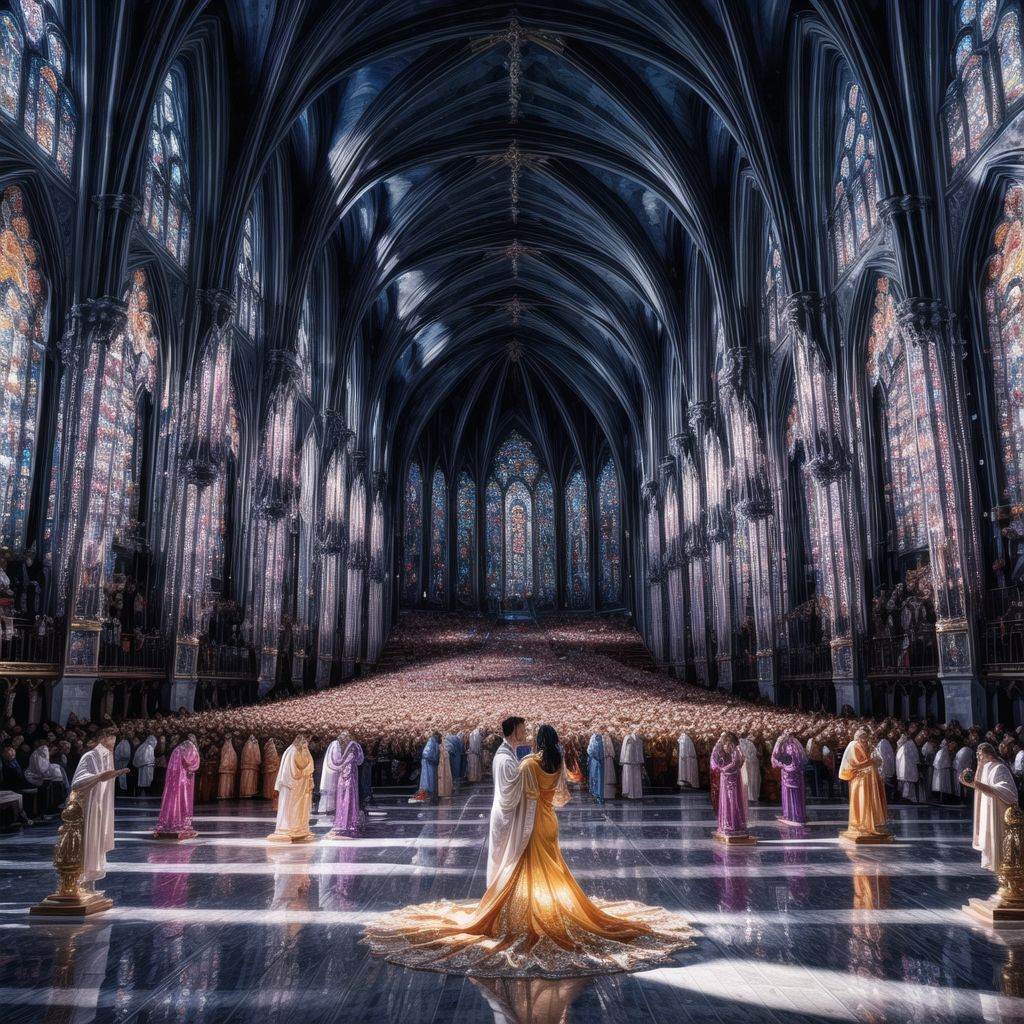 A vibrant,  crystalline cathedral at sunset,  casting prismatic shadows as figures in flowing robes perform a mesmerizing...