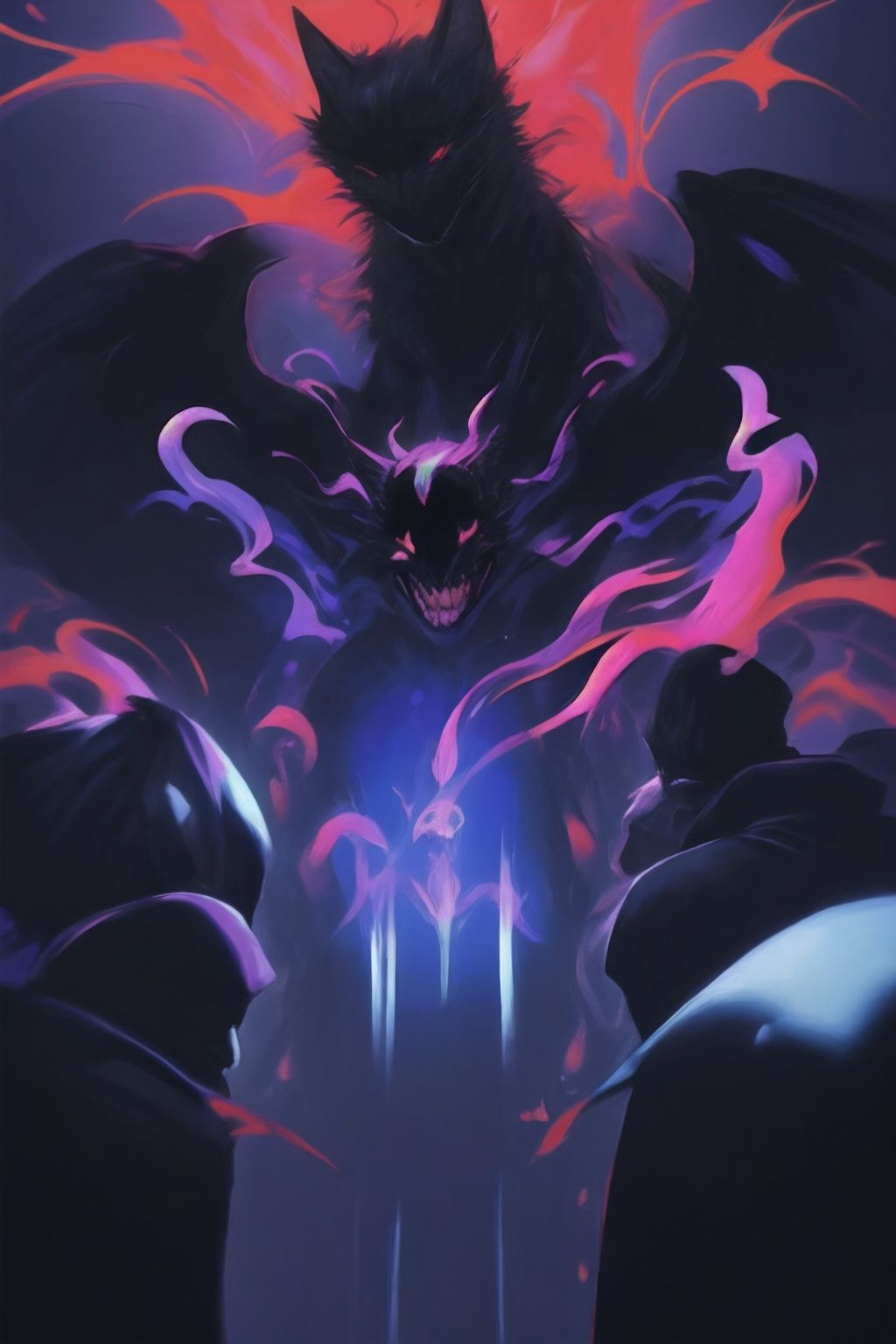 <lora:graffiti-halloween_v1_base:0.65>,a demonic,graffiti,surrounded by imps,