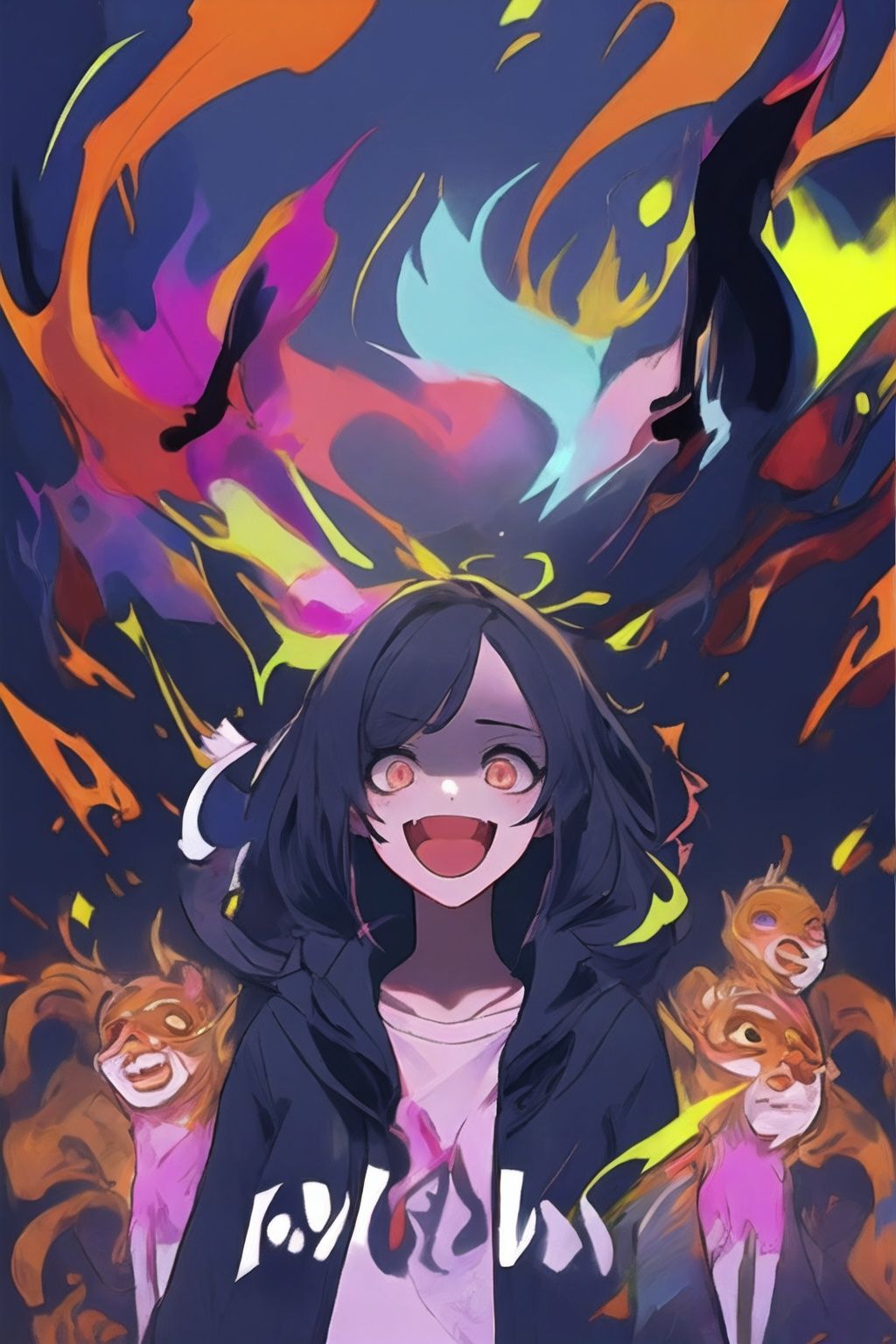 <lora:graffiti-halloween_v1_base:0.65>,1girl,graffiti,surrounded by imps,