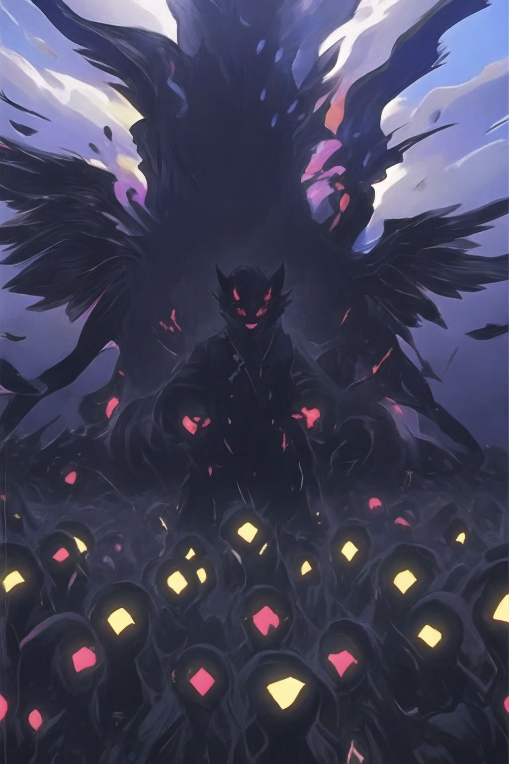 <lora:graffiti-halloween_v1_base:0.65>,a demonic ,graffiti,surrounded by imps,