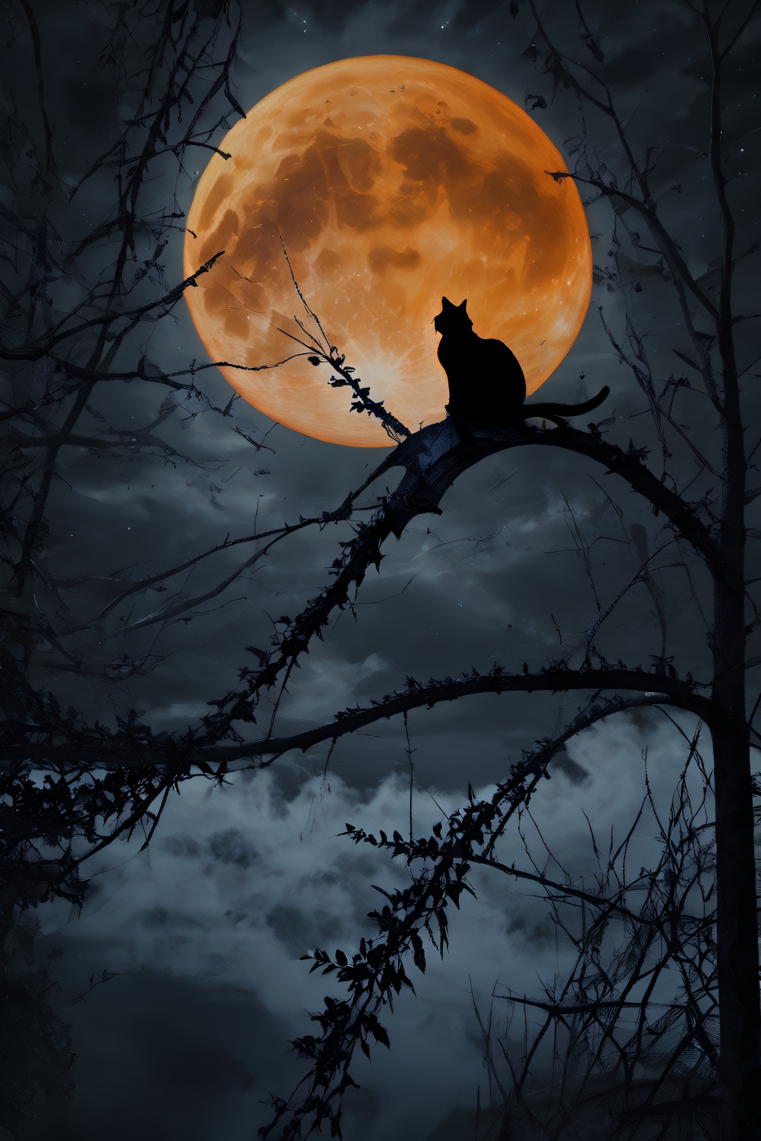 Cat sitting in a tree in front of the orange moon, darkness,

8k octane render, high detail, masterpiece, hyperdetailed, intricate details, 8K resolution, Cinema 4D, Behance HD, Unreal Engine 5, rendered in Blender, sci-fi, futuristic, trending on Artstation, epic, cinematic background, dramatic, atmospheric, science fiction, (masterpiece, best quality:1.2)