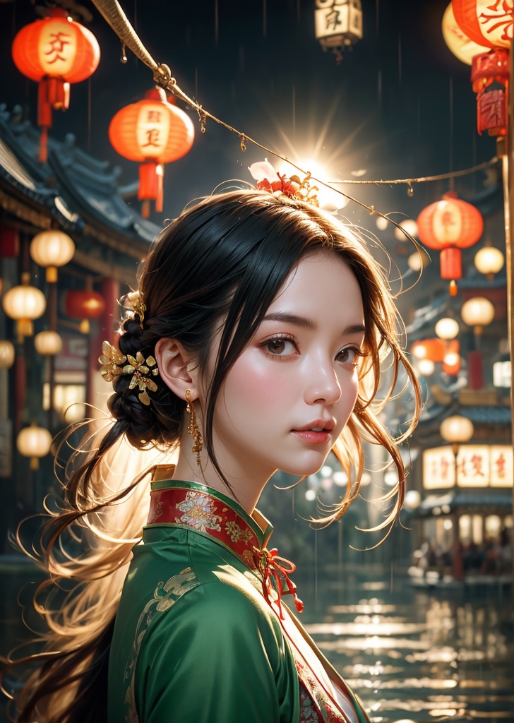 woman,  Chinese amulet stuck on the forehead,  Wonderland floating in the air by Lucifer XIII on Tensor.Art