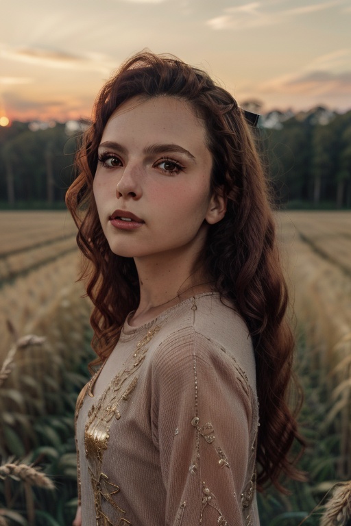 photography of a woman,  wearing soviet clothes,  in a wheat field on Tensor.Art
