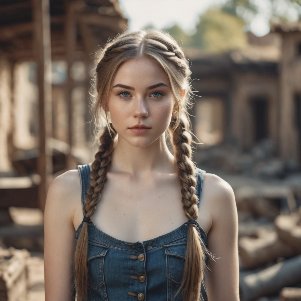 cinematic film still Hyperrealistic RAW photo, full body shot, a photo of 19 y.o girl, downblouse, long haircut with side braided pigtails, pale skin, skinny slender fit-muscled body, deep-set eyes expressive blue eyes, wearing army boots, outdoors, sunshine, noon, extremely detailed face, extremely detailed eyes, extremely detailed skin pores, extremely detailed hand, background is city ruins of a marketplace, (high detailed skin:1.2), 8k uhd, dslr, soft lighting, high quality, film grain, Fujifilm XT3, (establishing shot:1.5), perfect hand . shallow depth of field, vignette, highly detailed, high budget, bokeh, cinemascope, moody, epic, gorgeous, film grain, grainy
