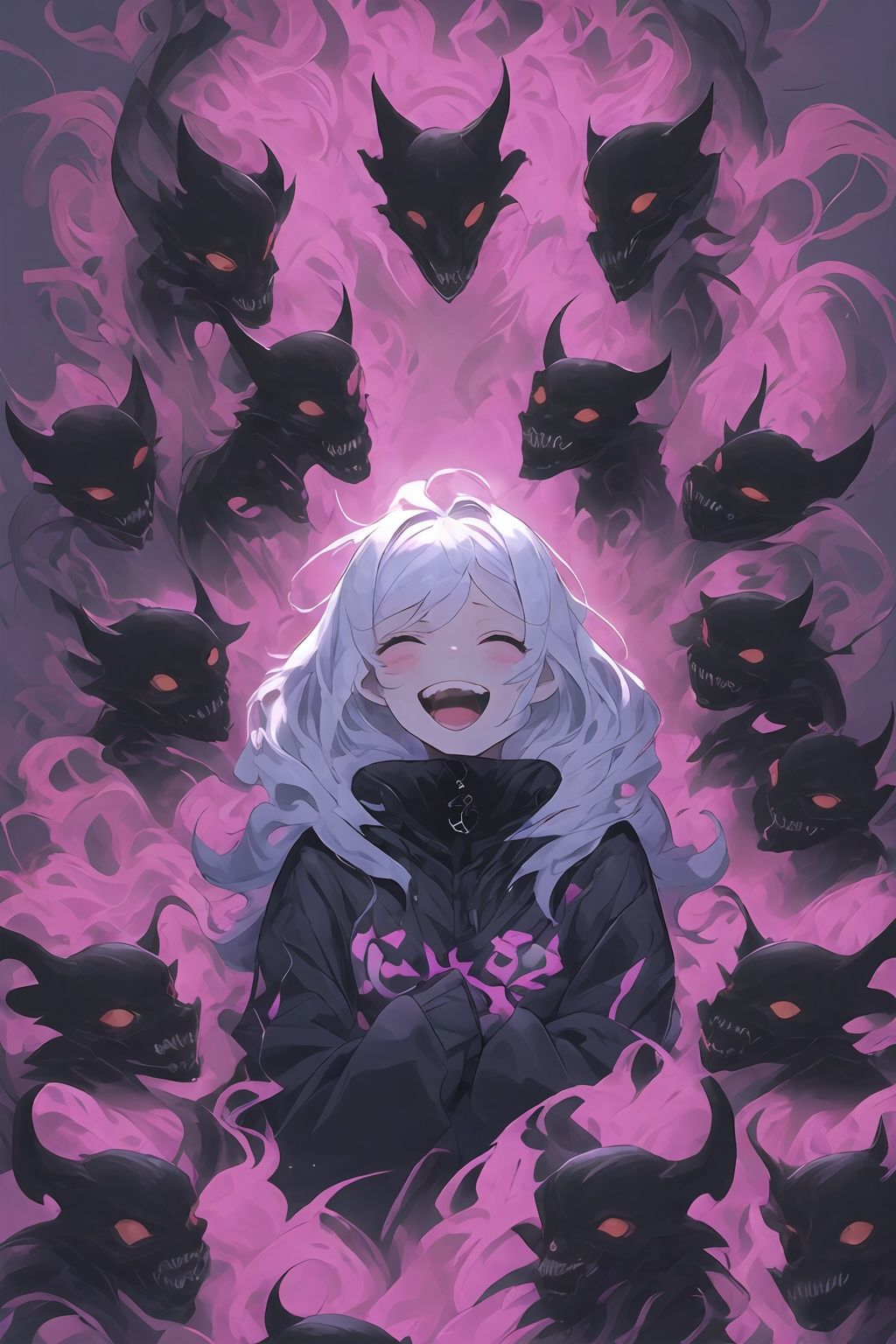 <lora:graffiti-halloween_v1:0.55>,a girl,graffiti,surrounded by imps,