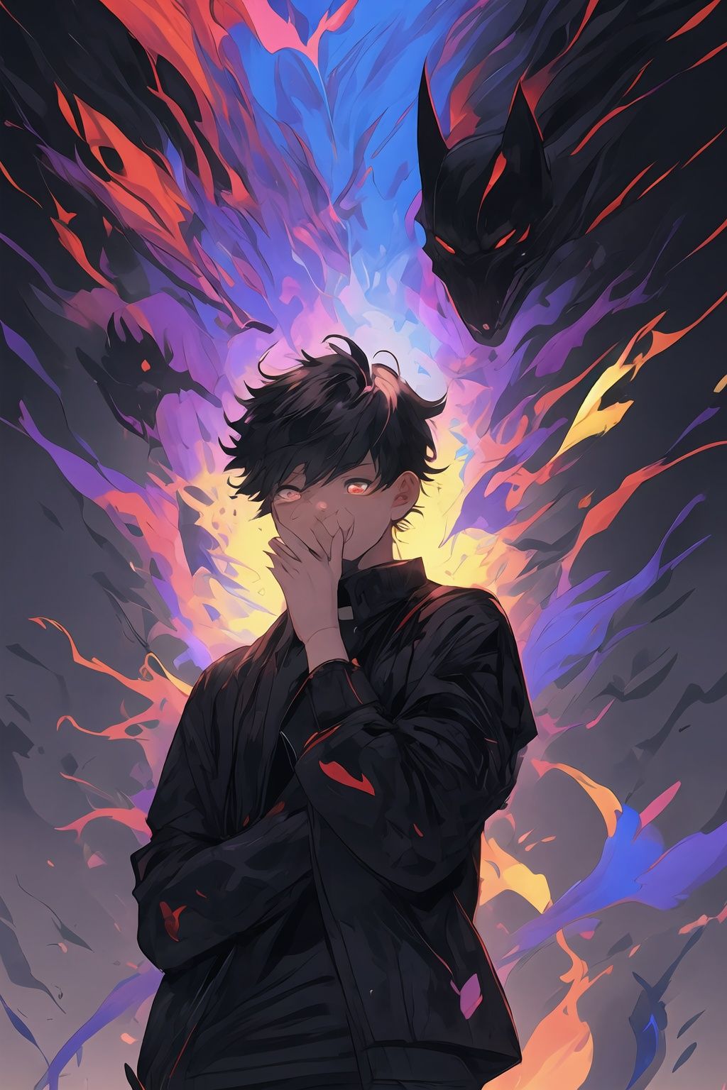 <lora:graffiti-halloween_v1:0.55>,1boy,graffiti,demon background,