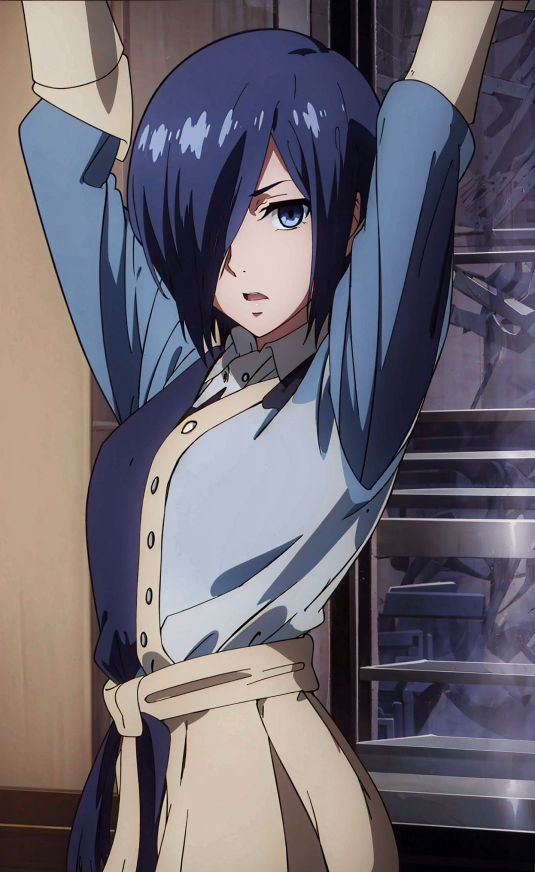  1girl, bangs, solo,blue hair,(slanted bangs cover the eyes), (short hair), blue eyes,looking_at_viewer,(arms_up)