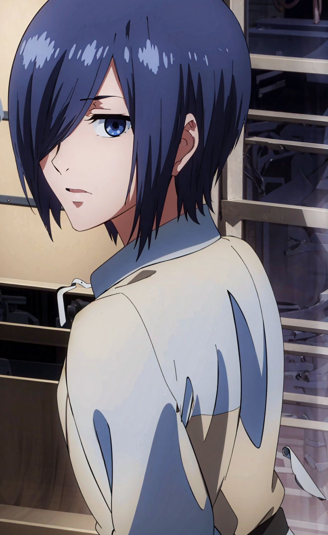  1girl, bangs, solo,blue hair,(slanted bangs cover the eyes), (short hair), blue eyes,looking_at_viewer