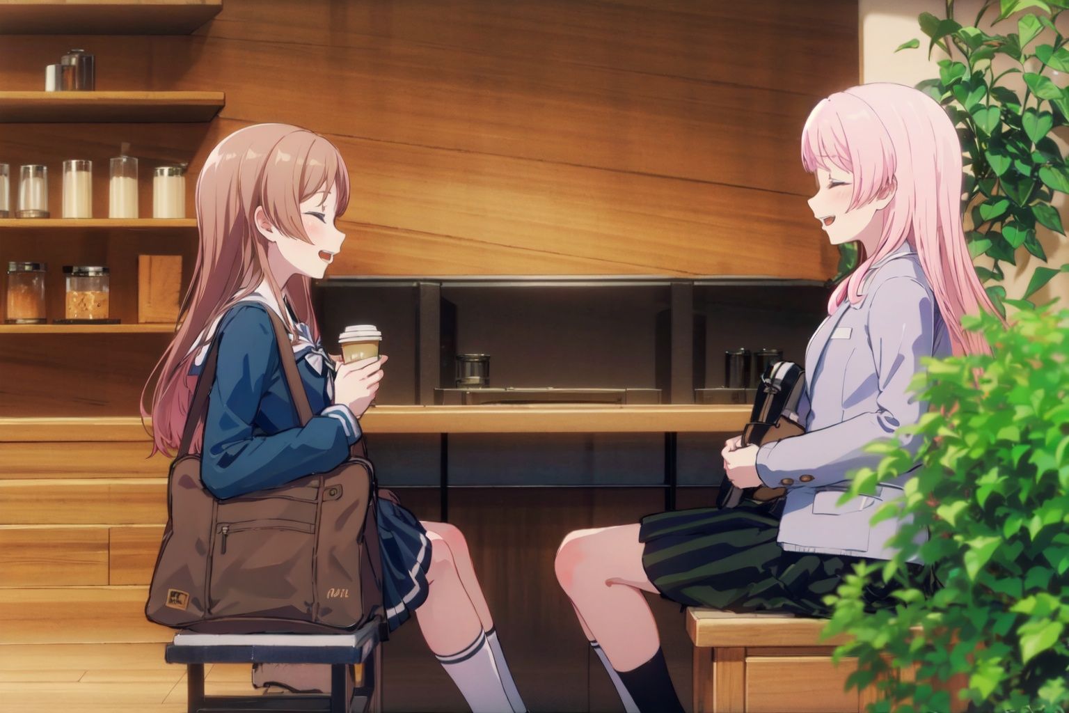 masterpiece, best quality, PIXIV,aisu,2 girls, pink hair, instrument, brown hair, skirt, 2girls, sitting, long hair, school uniform, closed eyes, guitar, cup, music, jacket, open mouth, socks, smile, blue eyes, playing instrument, bag, kneehighs, from side, holding, table, plant, indoors, green skirt, pleated skirt <lora:aisu-000018:1>