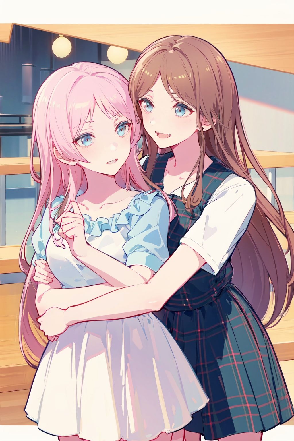 masterpiece, best quality, PIXIV,aisu,yuri,, 2girls, pink hair,  long hair, smile, brown hair, skirt, shirt, plaid, dress, blue eyes, short sleeves,breast to breast,look each other,hug,  <lora:aisu-000018:1>