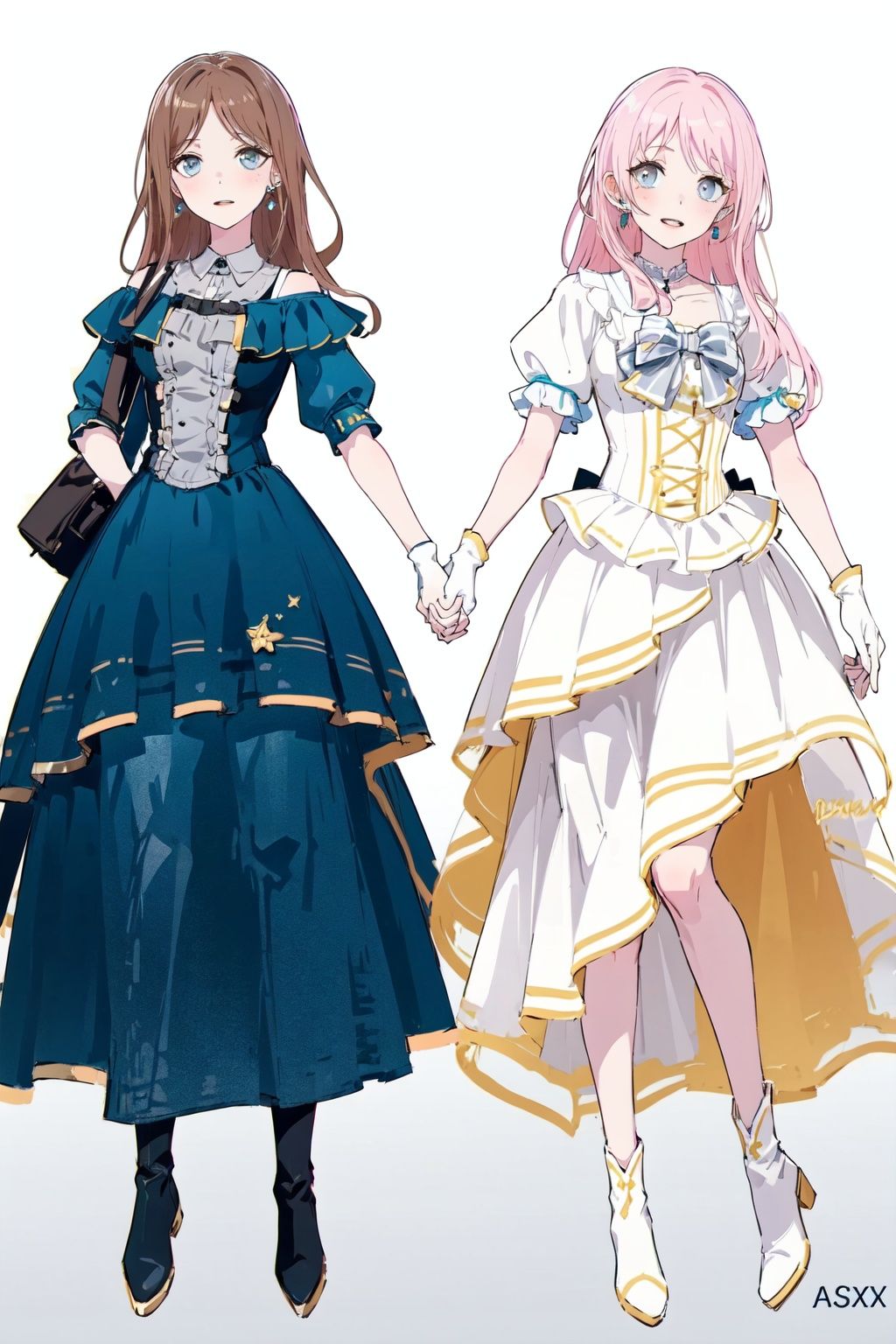 masterpiece, best quality, PIXIV,aisu,2girls, brown hair, pink hair, blue eyes, long hair, dress, smile, gloves, jewelry, earrings, bow, boots, looking at viewer, grey eyes, ribbon, full body, skirt,look each other,Hand in hand，white background，simple background <lora:aisu-000018:1>