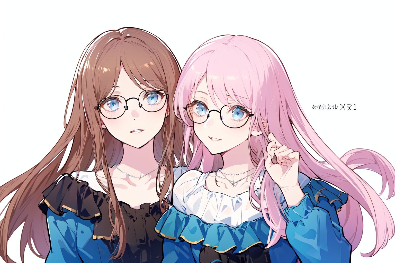 masterpiece, best quality, PIXIV,aisu,yuri,2girls, pink hair, jewelry, blue eyes, glasses, long hair, necklace, white background, shirt, brown hair, white shirt, simple background, parted lips, collarbone, smile, dress, upper body, open mouth, bangs, looking at viewer <lora:aisu-000018:1>