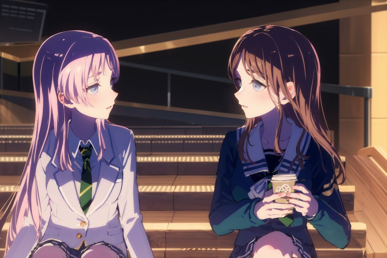 masterpiece, best quality, PIXIV,aisu,2girls, long hair, brown hair, school uniform, necktie, blue eyes, looking at another, sitting, holding, jacket, pink hair, green necktie, long sleeves, blazer, grey eyes, serafuku, cup,night <lora:aisu-000018:1>
