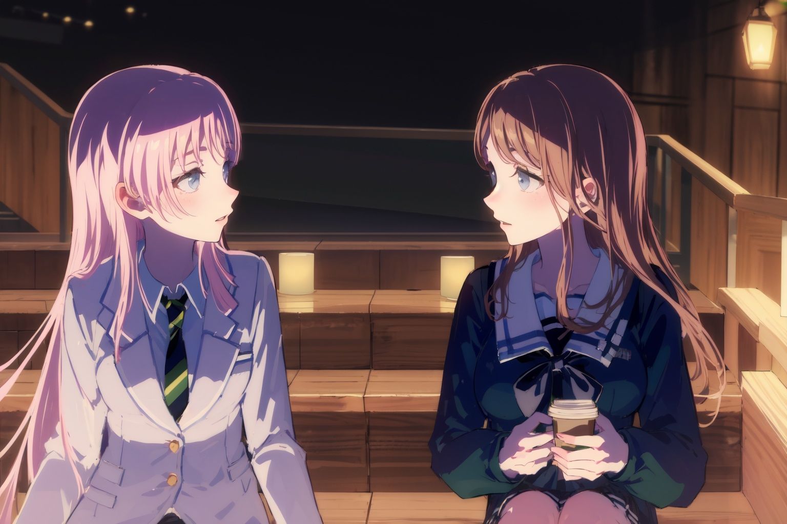 masterpiece, best quality, PIXIV,aisu,2girls, long hair, brown hair, school uniform, necktie, blue eyes, looking at another, sitting, holding, jacket, pink hair, green necktie, long sleeves, blazer, grey eyes, serafuku, cup,night <lora:aisu-000018:1>