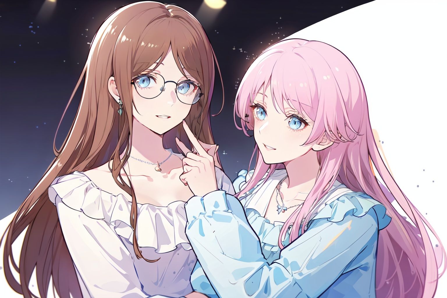 masterpiece, best quality, PIXIV,aisu,yuri,2girls, pink hair, jewelry, blue eyes, glasses, long hair, necklace, white background, shirt, brown hair, white shirt, simple background, parted lips, collarbone, smile, dress, upper body, open mouth, bangs, looking at viewer <lora:aisu-000018:1>