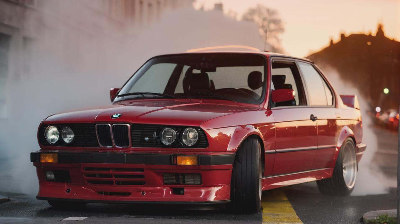 a red car with smoke coming out of it's exhaust pipes on a street,  red bmw_e30 in prague night streets,  rain on Tensor.Art