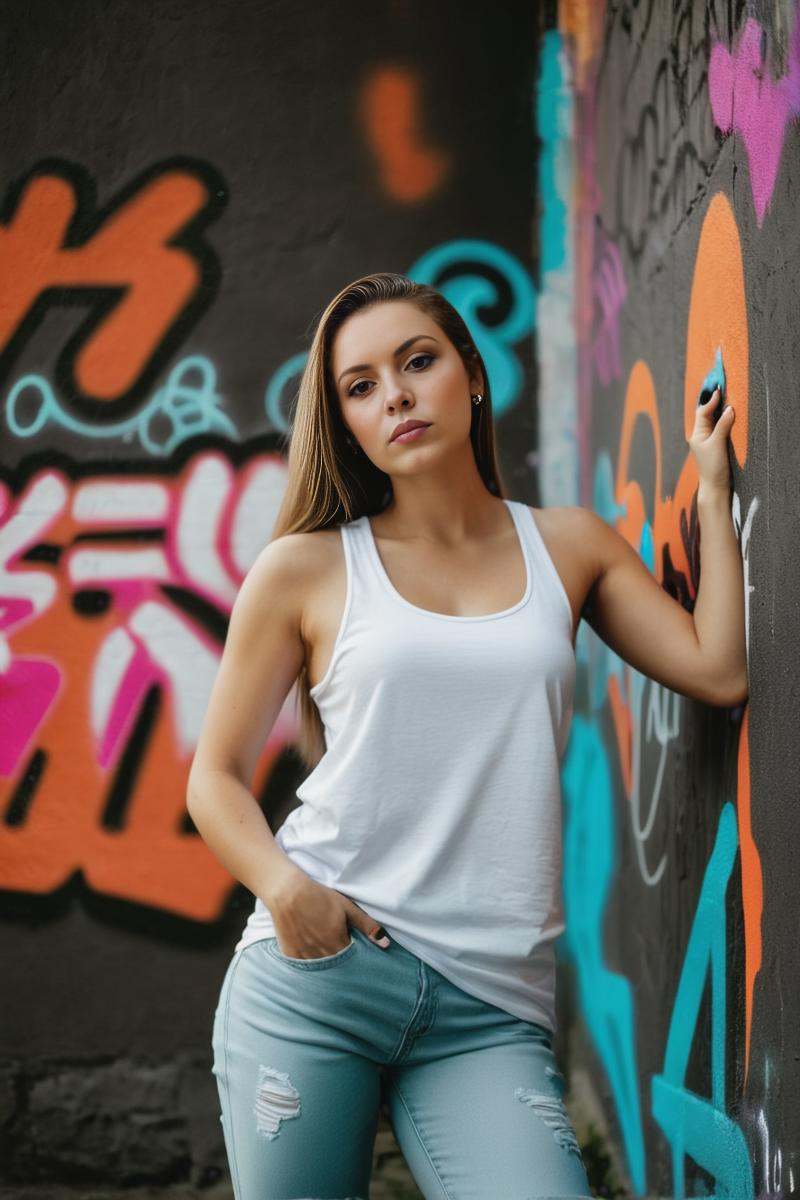 a woman with long hair standing next to a wall with graffiti on it and wearing a white **** top,  Anna Hotchkis,  portrait...
