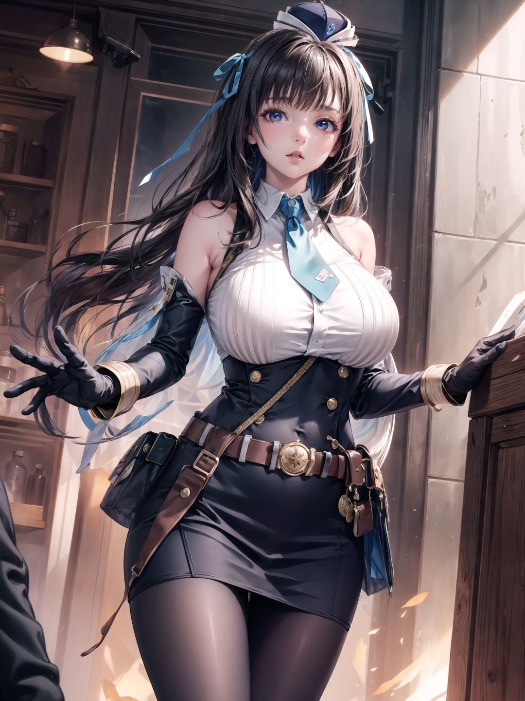  (extremely detailed CG:1.3),(high resolution:1.2),masterpiece,best quality,hyper detailed,solo focus,dynamic angle,cowboy shot,depth-of-field,cinemaitic lighting

marian,(mature female, solo),big breasts,beautiful detailed eyes,beautiful detailed hair,,very long hair

 shirt,necktie,hat,hair ribbon,gloves,belt,skirt,detached sleeves,pantyhose

looking at viewer