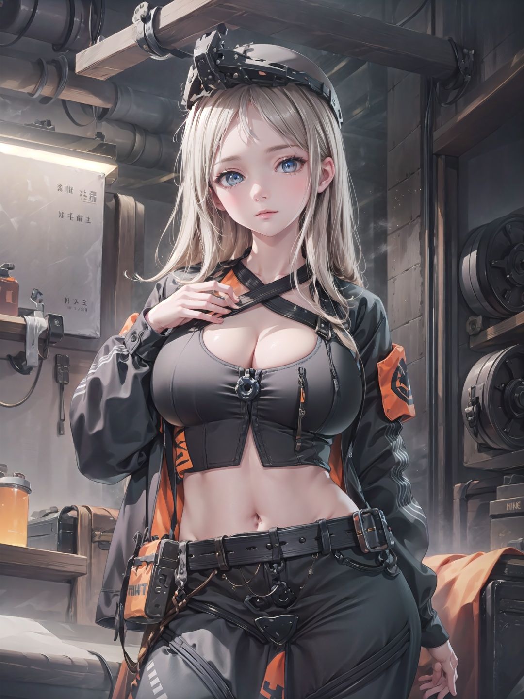  (extremely detailed CG:1.3),(high resolution:1.2),masterpiece,best quality,hyper detailed,solo focus,dynamic angle,cowboy shot,depth-of-field,cinemaitic lighting

centi \(nikke\),nun,(mature female, solo),big breasts,beautiful detailed eyes,beautiful detailed hair

helmet,crop top,jacket,pants, belt

looking at viewer
