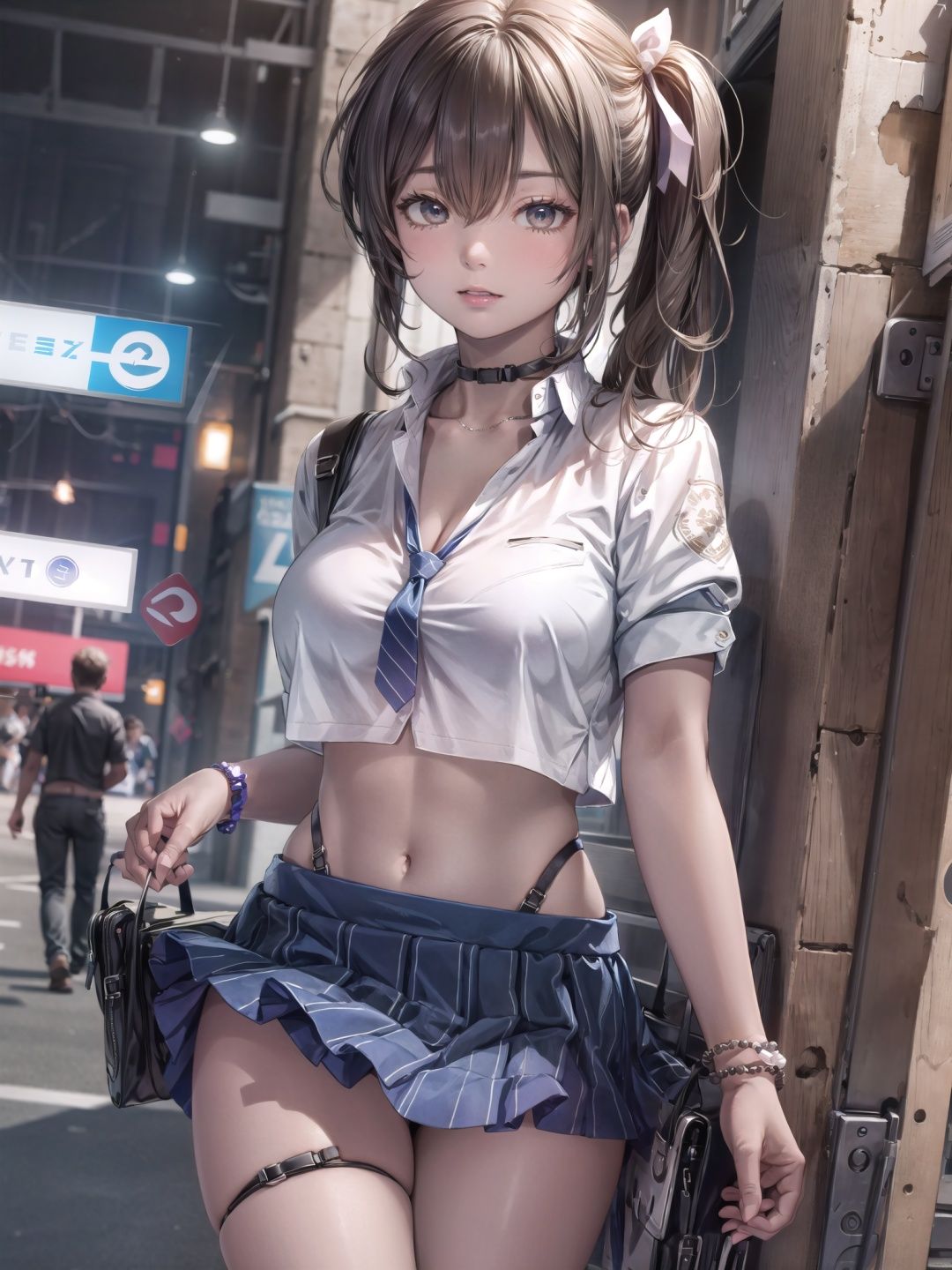  (extremely detailed CG:1.3),(high resolution:1.2),masterpiece,best quality,hyper detailed,solo focus,dynamic angle,cowboy shot,depth-of-field,cinemaitic lighting

jelo-naga \(nikke\),(mature female, solo),big breasts,beautiful detailed eyes,beautiful detailed hair,side ponytail

hair ribbon,choker,crop top,bra visible through shirt,necktie,bracelet,skirt, thigh strap

looking at viewer