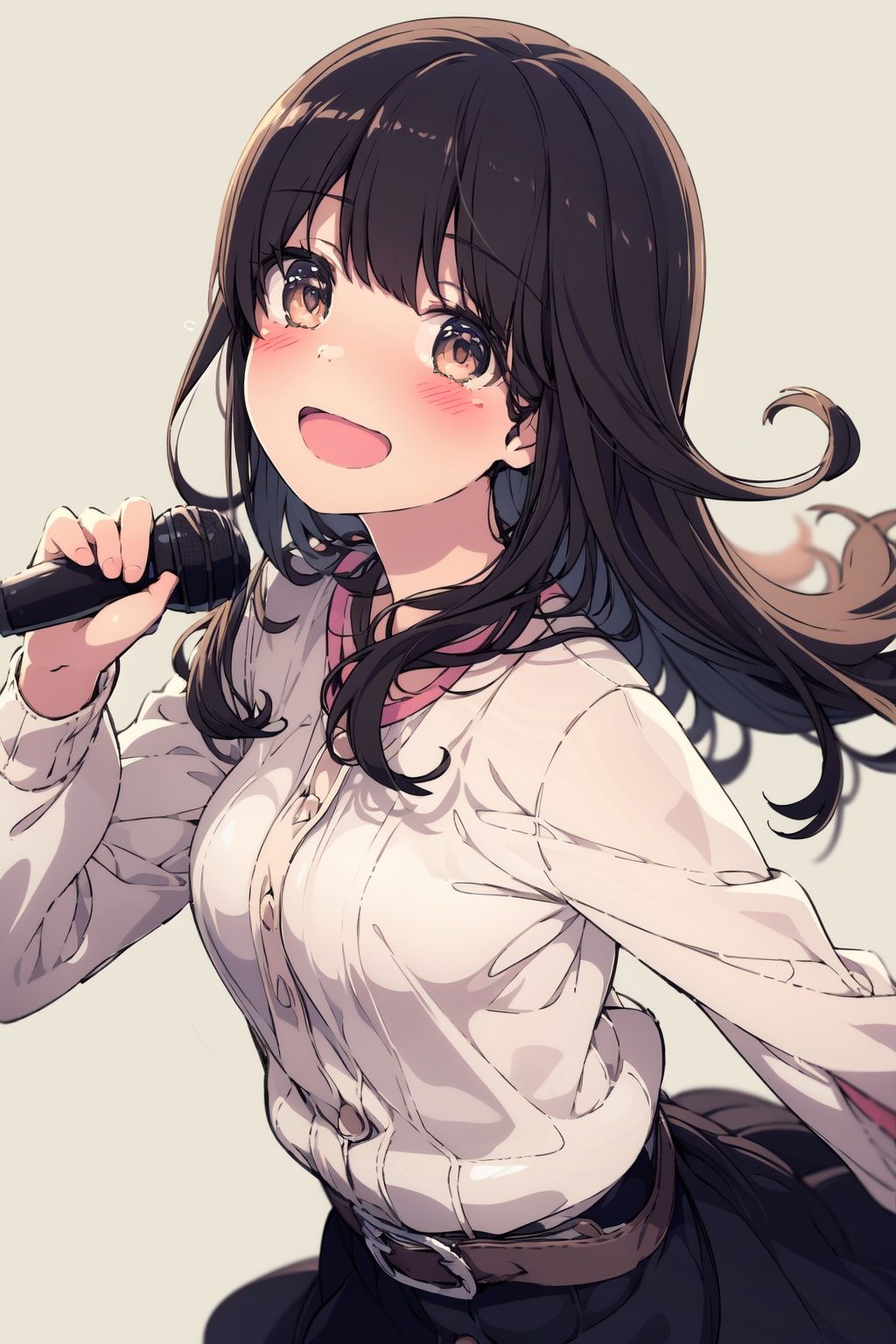 1girl, solo, microphone, smile, skirt, blush, brown eyes, long hair, open mouth, looking at viewer, brown hair, long sleeves, :d, shirt, bangs, belt, breasts, pink shirt, outstretched arm, music, black belt, medium breasts, holding microphone, singing,,(detailed eyes:1.5),