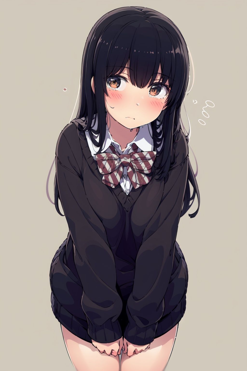 1girl, solo, pantyhose, skirt, long hair, loafers, shoes, simple background, school uniform, brown eyes, plaid, black pantyhose, plaid skirt, looking at viewer, black hair, pantyhose pull, full body, clothes pull, black footwear, pleated skirt, leaning forward, bangs, long sleeves, bent over, cardigan, bow, bowtie, standing, closed mouth, pulled by self, grey background, blush, miniskirt, red bow, sweater, **********