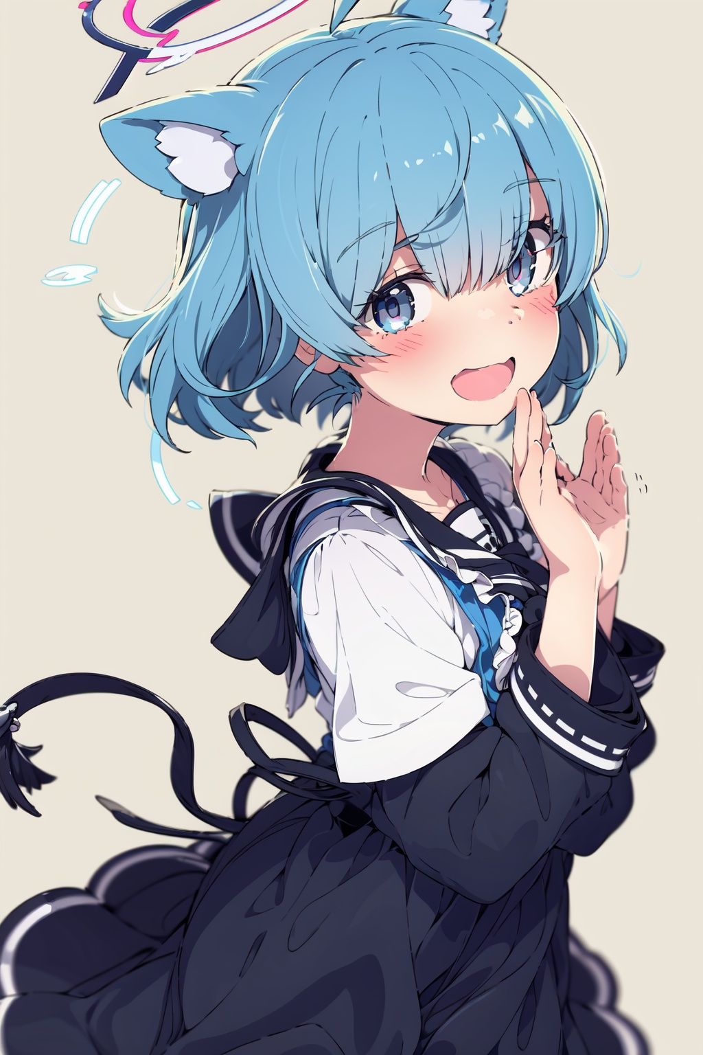 1girl, solo, apron, halo, hair over one eye, closed eyes, smile, white background, dress, white apron, simple background, long sleeves, multicolored hair, braid, open mouth, blue hair, alternate costume, blush, bangs, :d, pink hair, black dress, ribbon, frilled dress, enmaided, short hair, hand up, colored inner hair,(detailed eyes:1.5),