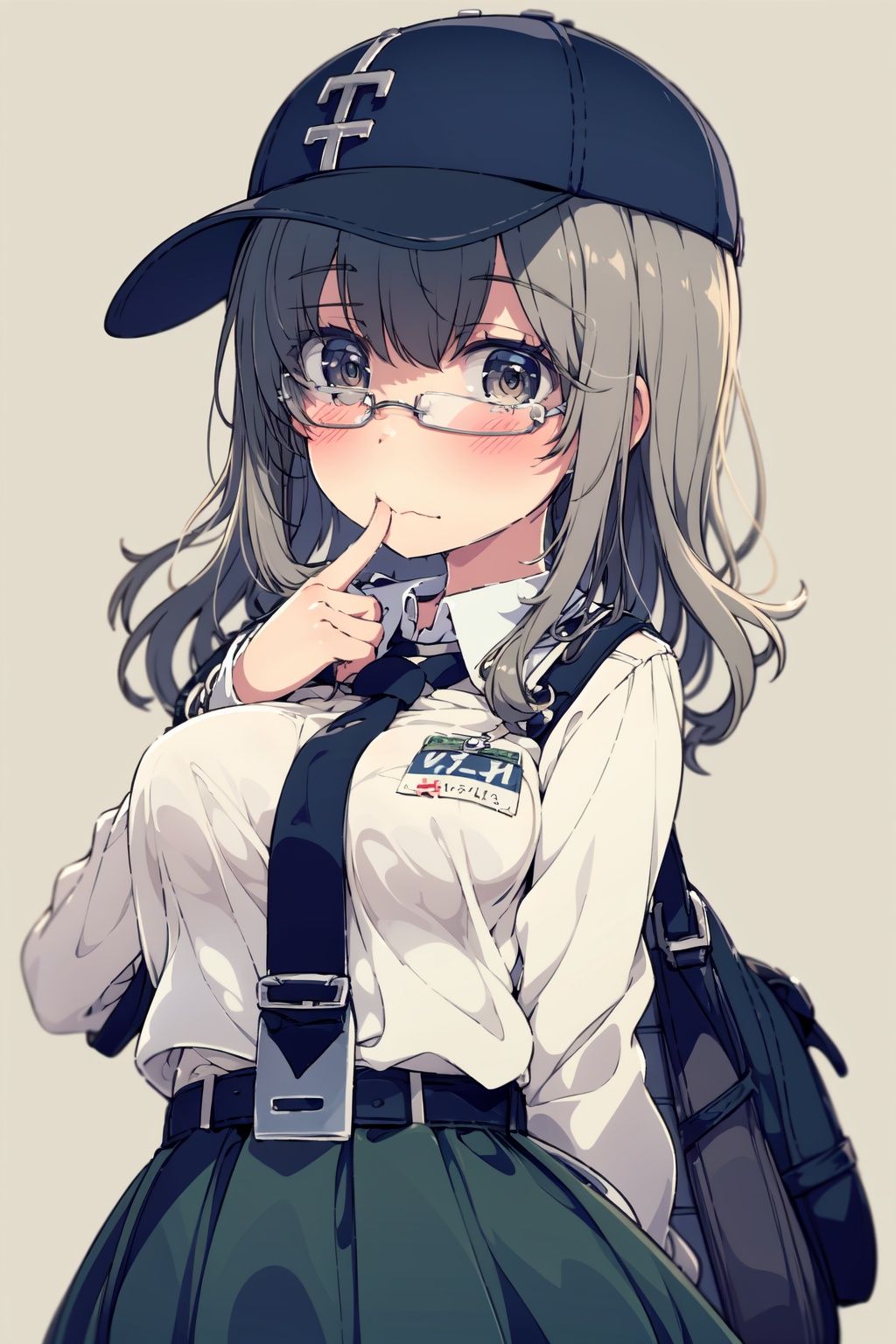 1girl, solo, green headwear, shirt, glasses, hat, white shirt, long hair, skirt, open clothes, belt, bag, long sleeves, simple background, long skirt, jacket, necktie, collared shirt, black necktie, round eyewear, closed mouth, looking at viewer, hand up, brown eyes, white background, grey hair, black-framed eyewear, holding, pocket, open jacket, green jacket, standing, buckle, shoulder bag, belt buckle, wing collar, black belt, shirt tucked in, bangs, breast pocket, green skirt, wavy hair, feet out of frame, blush, high-waist skirt, buttons, name tag, character name,(detailed eyes:1.5),
