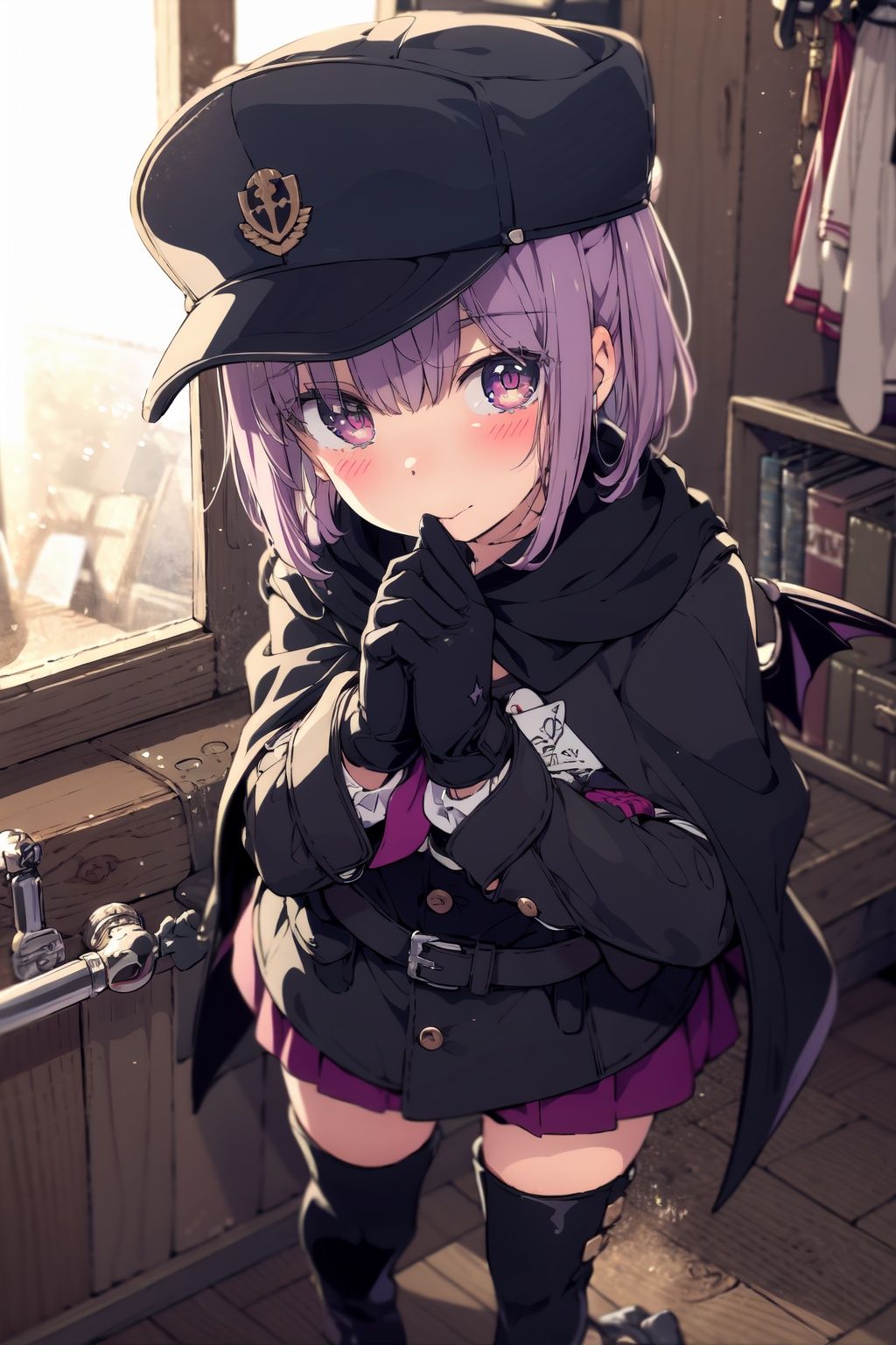 1girl, solo, hat, uniform, red eyes, remilia scarlet, military uniform, bat (animal), wings, necktie, gloves, military, alternate costume, bat wings, white gloves, belt, looking at viewer, long sleeves, boots, short hair, thighhighs, military hat, peaked cap, black necktie, adjusting clothes, hair between eyes, coat, armband, shirt, cape, black headwear, closed mouth, skirt, light purple hair, slit pupils, purple hair, black coat, thigh boots, black thighhighs,(detailed eyes:1.5),