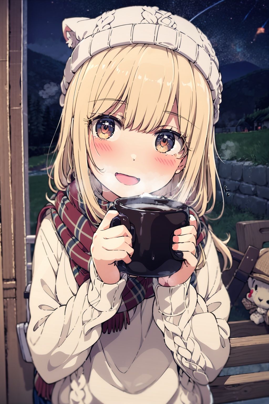 1girl, solo, night, sky, telescope, star (sky), hat, sweater, outdoors, open mouth, smile, starry sky, looking at viewer, cup, pantyhose, night sky, tent, blush, cable knit, brown eyes, holding, black pantyhose, mug, shooting star, :d, bangs, mountain, aran sweater, grass, long hair, long sleeves, scenery, white sweater, standing, holding cup, steam, red eyes, sweater dress, ribbon, scarf, turtleneck, mountainous horizon, dress, swept bangs, blonde hair, lamp, shawl, beanie, lake, lantern, coffee mug,(detailed eyes:1.5),