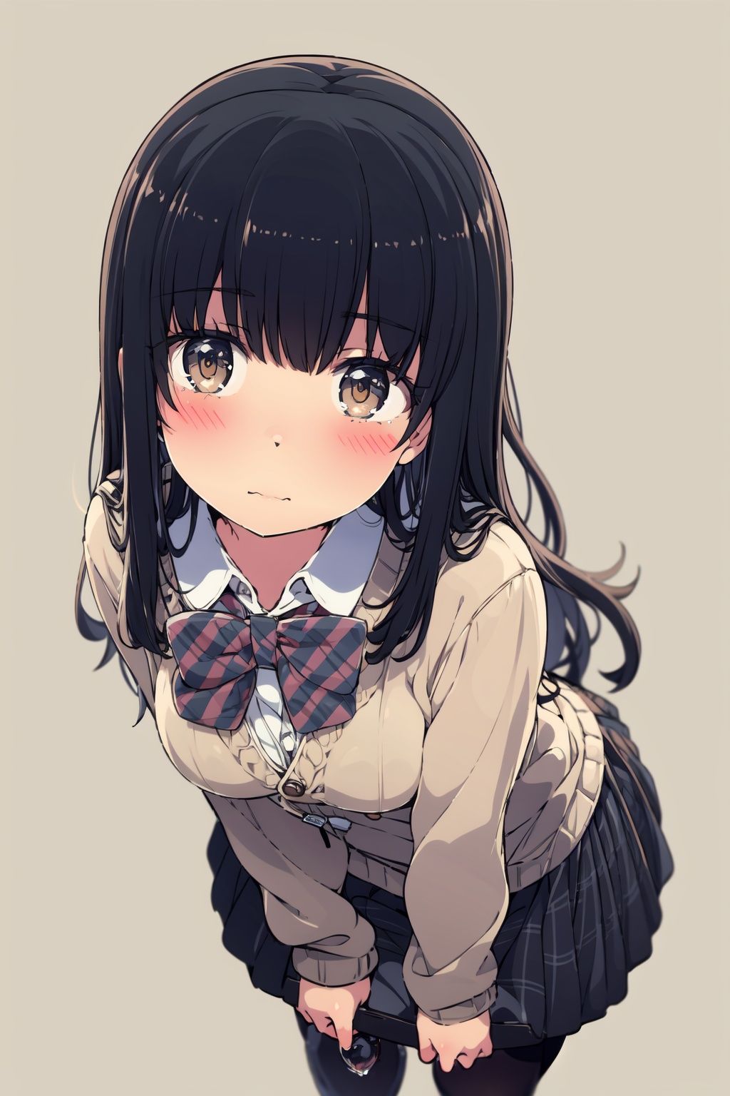 1girl, solo, pantyhose, skirt, long hair, loafers, shoes, simple background, school uniform, brown eyes, plaid, black pantyhose, plaid skirt, looking at viewer, black hair, pantyhose pull, full body, clothes pull, black footwear, pleated skirt, leaning forward, bangs, long sleeves, bent over, cardigan, bow, bowtie, standing, closed mouth, pulled by self, grey background, blush, miniskirt, red bow, sweater, **********,(detailed eyes:1.5),
