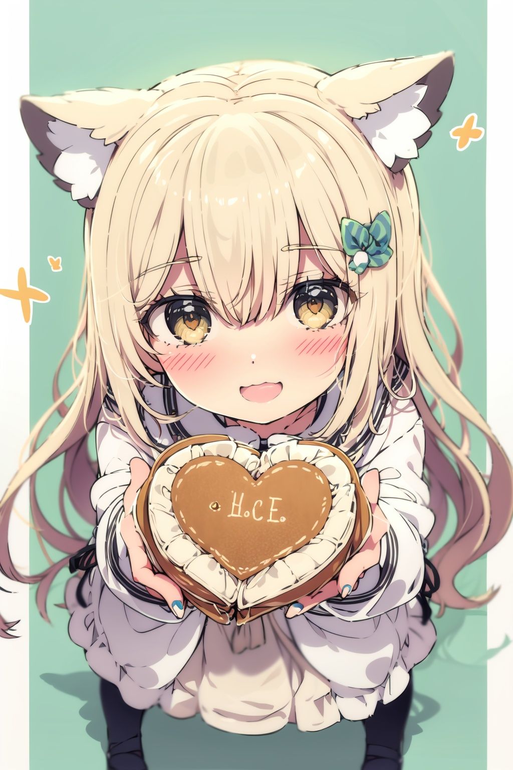 (cinematic lighting), dreamy atmosphere, Ray tracing, (((solo))), (loli:1.5), (child:1.5), (petite:1.5), green eyes, (animal ears), dress, solo, food, blonde hair, open mouth, long hair, pancake, flower, holding, bow, smile, fork, bird, socks, looking at viewer, shoes, striped background, holding fork, bonnet, striped, frills, long sleeves, :d, yellow dress, bangs, eyebrows visible through hair, blush, green nails, hair bow, nail polish, diagonal stripes, chick, sparkle, frilled dress, orange bow, fruit, full body, :3, hair between eyes, green bow, puffy sleeves, heart, lemon, orange footwear, animal ear fluff, white bow, cat ears, bobby socks, orange headwear, see-through sleeves, blue background, striped bow, hair ornament, white legwear, mary janes,(detailed eyes:1.5),