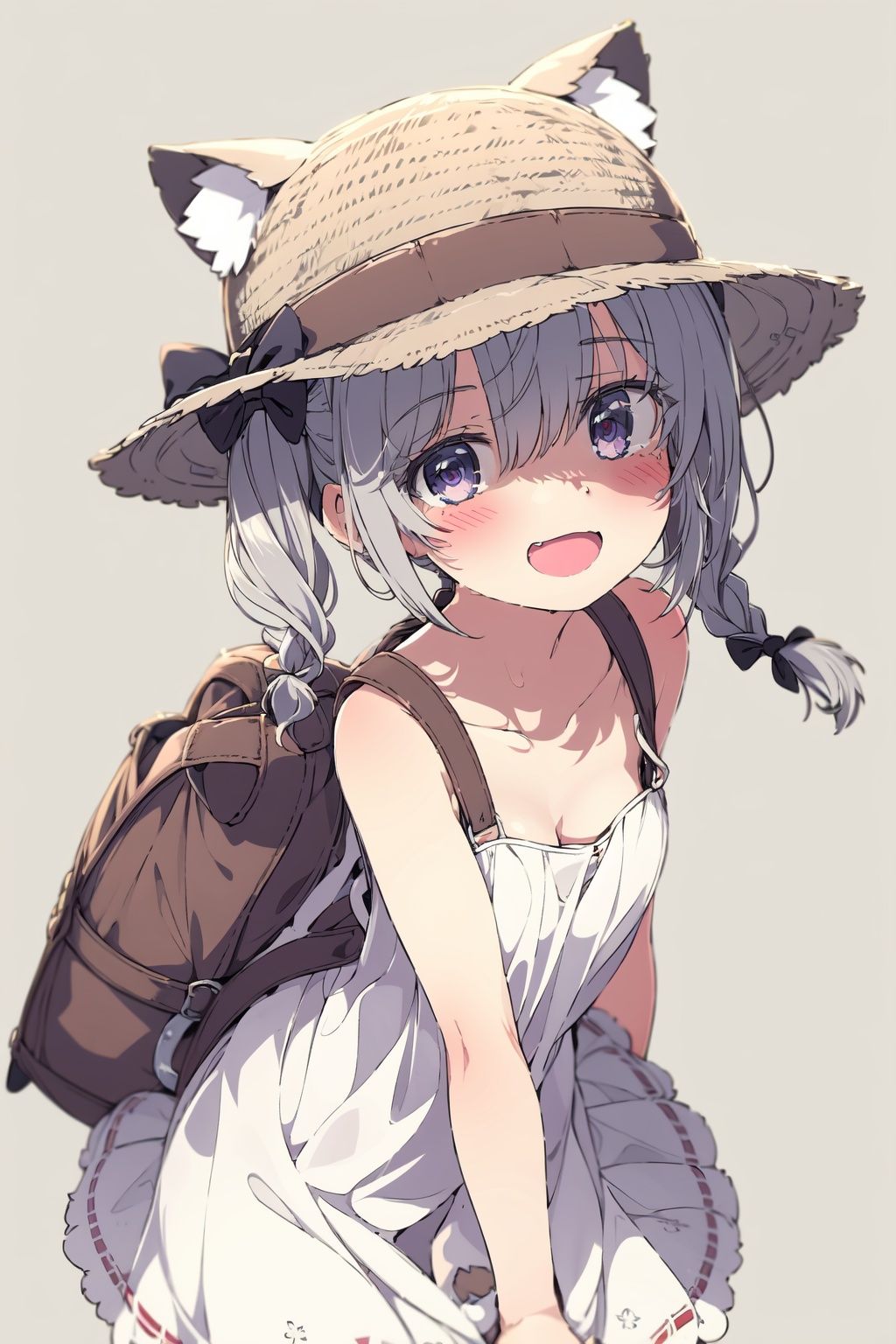1girl,solo,hat,dress,braid,animal ears,purple eyes,smile,open mouth,brown headwear,white hair,long hair,fang,:d,see-through,cat ears,bow,blush,white background,white dress,bangs,hair between eyes,see-through silhouette,red bow,looking at viewer,sleeveless dress,black bow,bag,sleeveless,straw hat,twintails,no panties,collarbone,simple background,bare shoulders,hat bow,two side up,animal hat,frilled sundress with frills,(detailed eyes:1.5),