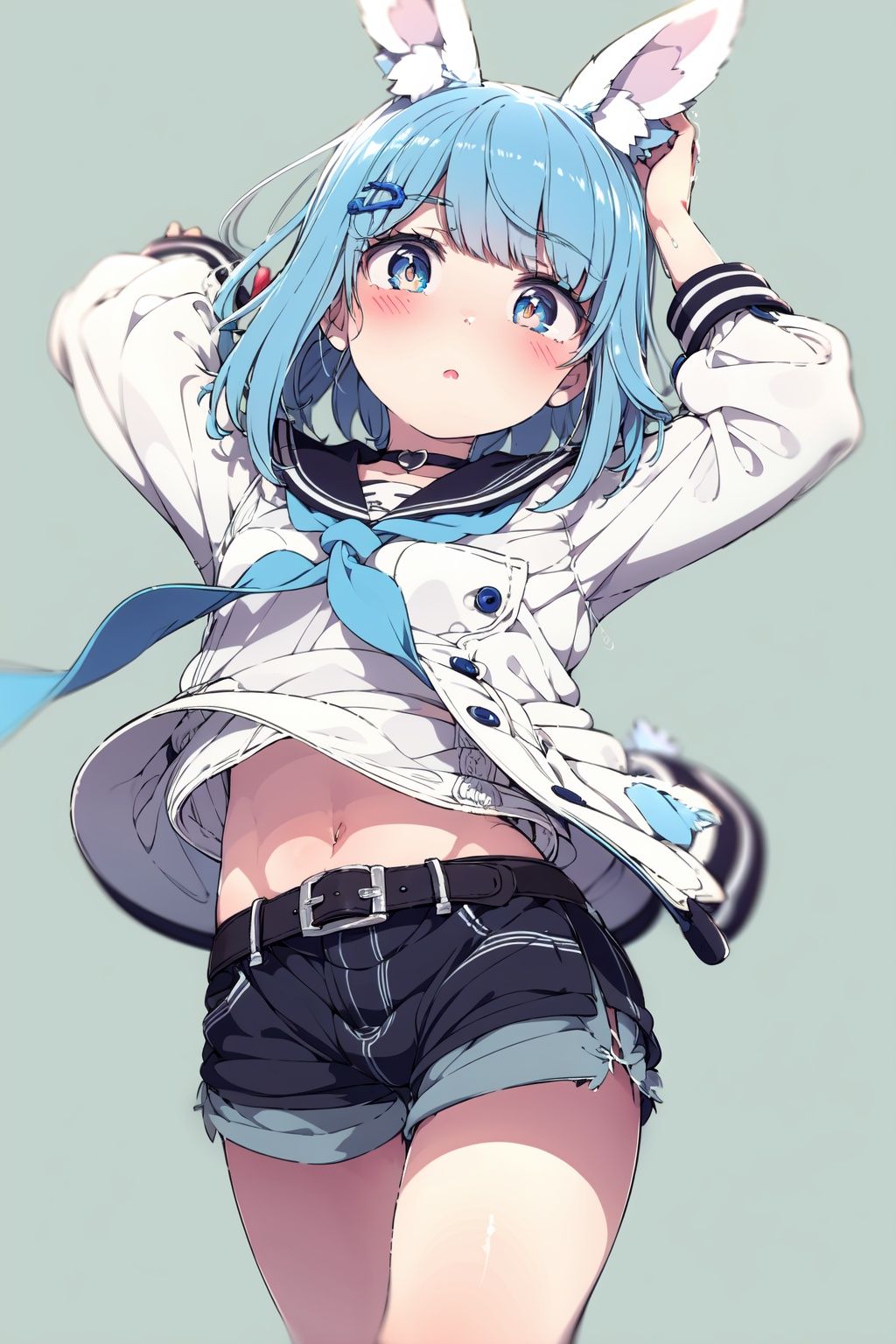  1girl,usada pekora,solo,virtual youtuber,food-themed hair ornament,jacket,carrot hair ornament,arms up,hair ornament,ribbon,blue background,hair ribbon,blue hair,fur trim,thick eyebrows,blue jacket,neckerchief,long sleeves,rabbit ears,short hair,dress,white dress,open mouth,bangs,open jacket,belt,open clothes,blue ribbon,blue neckerchief,official alternate hairstyle,choker,simple background,fur-trimmed jacket,sailor collar,official alternate hair length,animal ears,orange eyes,white choker,official alternate costume,two side up,white hair,white belt,short eyebrows,multicolored hair,denim jacket,cowboy shot,white sailor collar,:o,bunny-shaped pupils,collar,standing,,(detailed eyes:1.5),