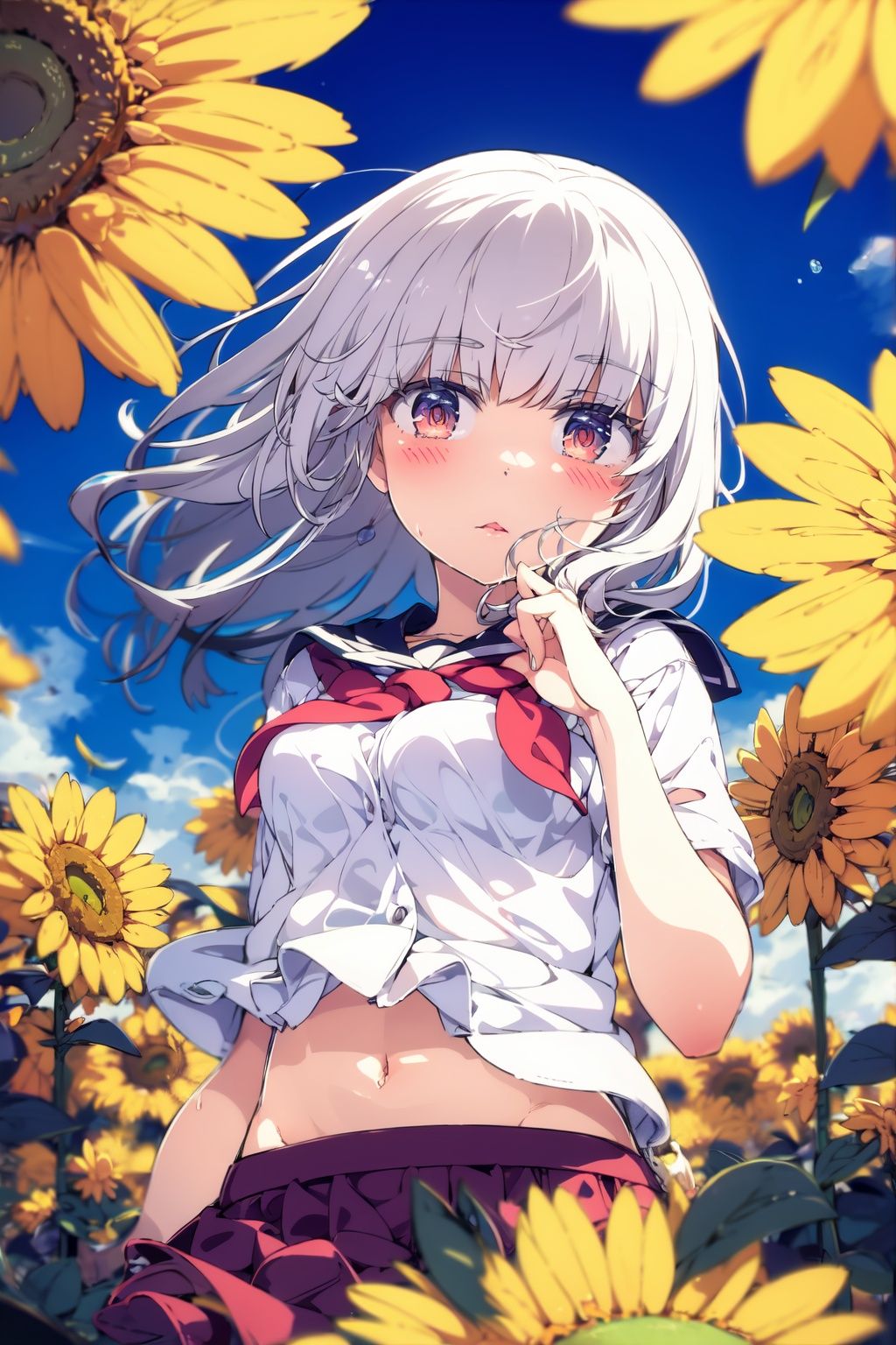 1girl,flower,solo,skirt,sunflower,white hair,shirt,yellow flower,looking at viewer,short sleeves,school uniform,neckerchief,white shirt,long hair,navel,red flower,red eyes,red neckerchief,bangs,blush,pleated skirt,serafuku,blue skirt,sailor collar,midriff,blue flower,blurry,floating hair,outdoors,hand up,covering mouth,