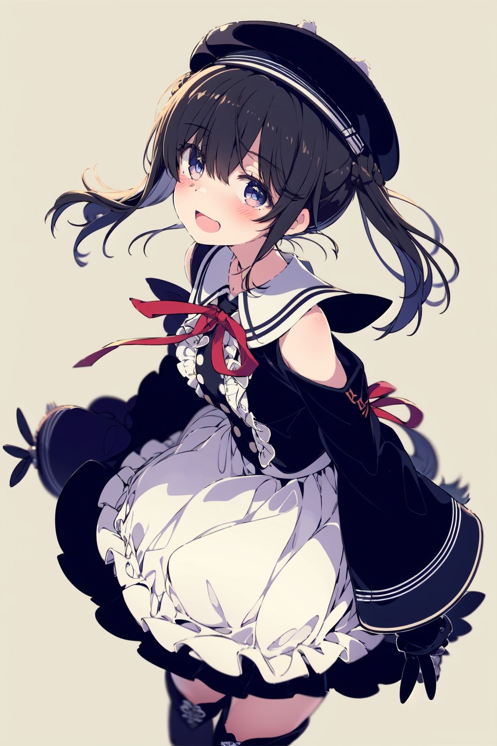  1girl, dress, double bun, hair bun, long hair, black dress, twintails, looking at viewer, smile, hat, bangs, brown hair, white background, solo, open mouth, blush, black headwear, very long hair, garter straps, thighhighs, bare shoulders, beret, :d, ribbon, black gloves, simple background, long sleeves, nail polish, black footwear, red ribbon, bow, gloves, wide sleeves, animal, hair ribbon, boots, red nails, sheath, sheathed, hair between eyes