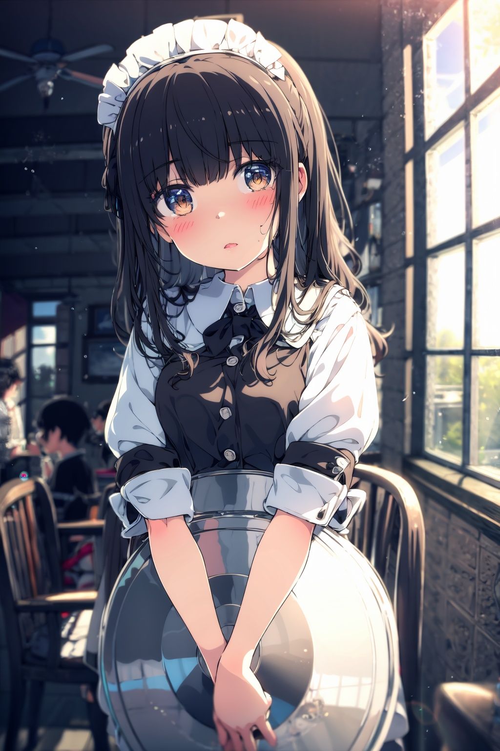 tray,blush,solo focus,holding tray,maid headdress,brown eyes,black hair,parted lips,multiple girls,looking at viewer,maid,dress,bangs,indoors,black dress,short sleeves,holding,blurry,depth of field,window,blurry background,long hair,apron,puffy sleeves,3girls,day,puffy short sleeves,wrist cuffs,collared dress,waitress,head tilt,sunlight,standing,chair,frills,shirt,sailor collar,(detailed eyes:1.5),