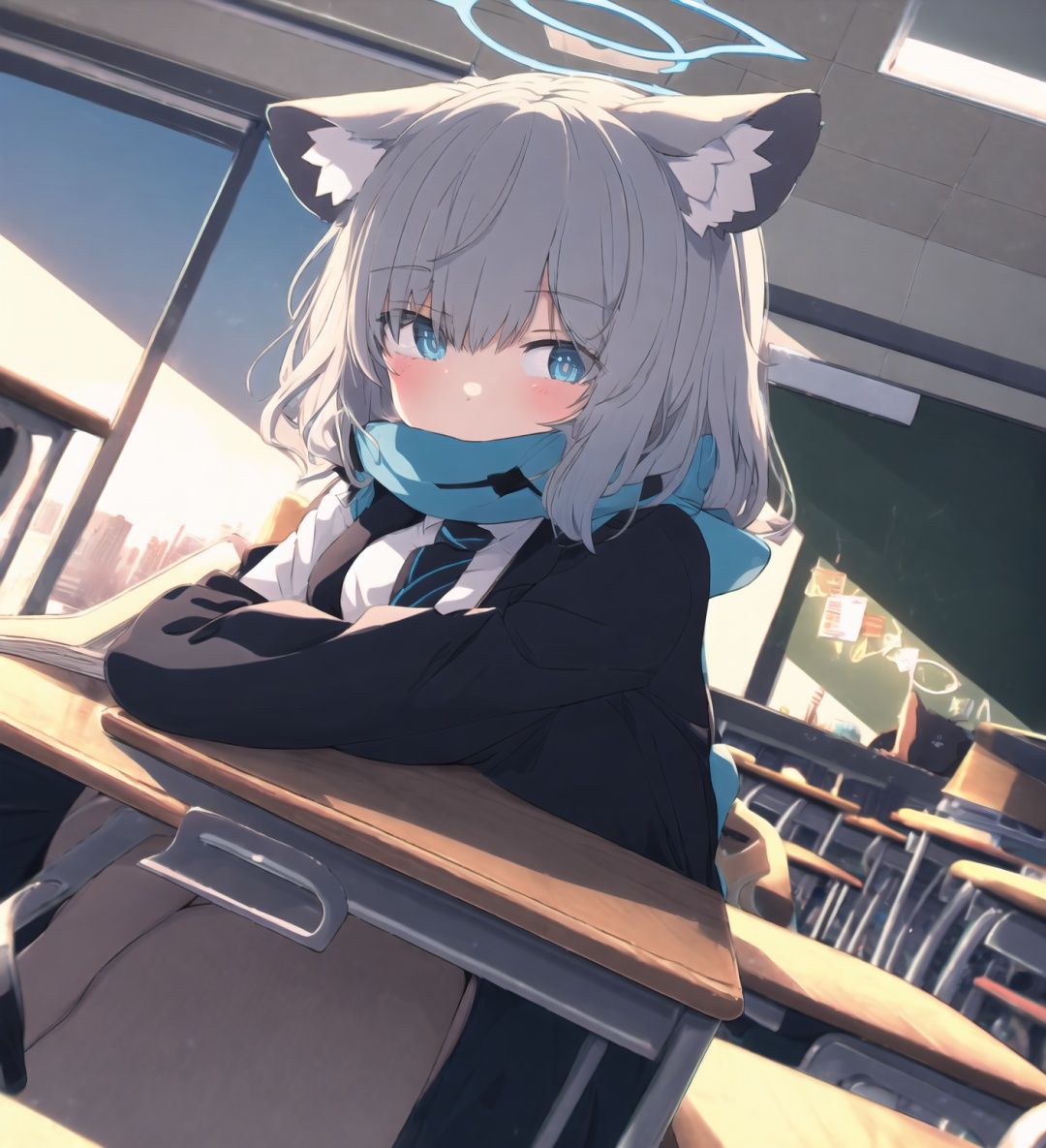 1girl, shiroko (blue archive), animal ears, halo, solo, scarf, blue eyes, animal ear fluff, mismatched pupils, cross hair ornament, jacket, hair ornament, indoors, blue scarf, long sleeves, grey hair, looking at viewer, bangs, school uniform, desk, blush, blue jacket, skirt, hair between eyes, wolf ears, medium hair, classroom, blurry, blazer, blurry foreground, depth of field, dutch angle, white shirt, black jacket, pleated skirt, blue necktie