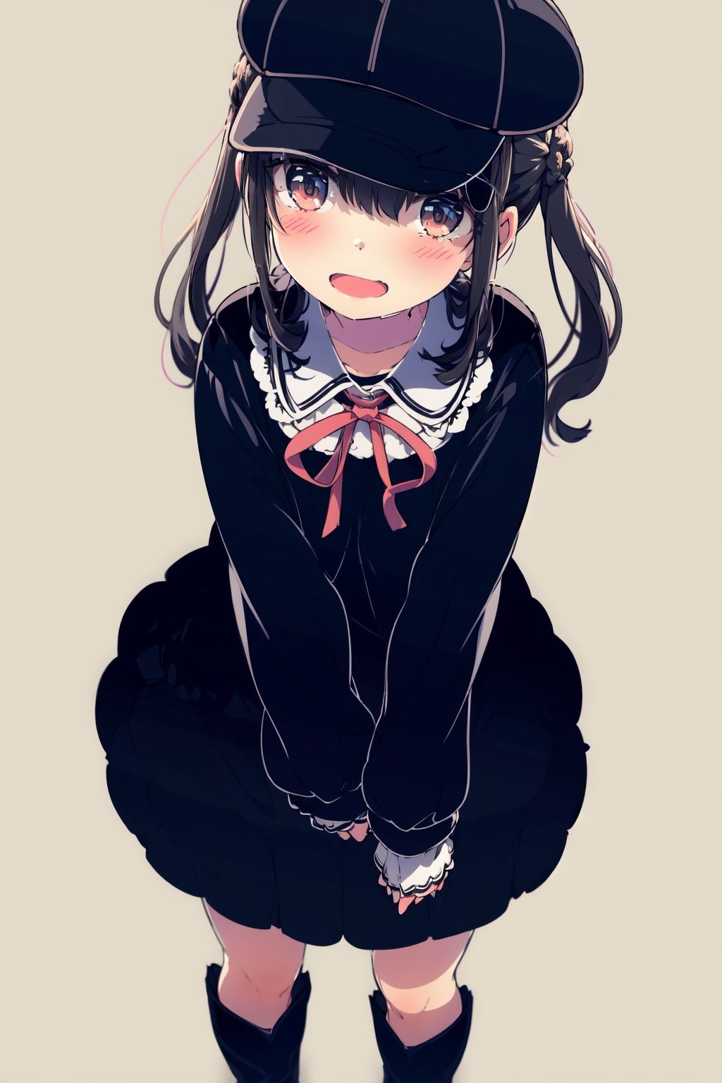  1girl, dress, double bun, hair bun, long hair, black dress, twintails, looking at viewer, smile, hat, bangs, brown hair, white background, solo, open mouth, blush, black headwear, very long hair, garter straps, thighhighs, bare shoulders, beret, :d, ribbon, black gloves, simple background, long sleeves, nail polish, black footwear, red ribbon, bow, gloves, wide sleeves, animal, hair ribbon, boots, red nails, sheath, sheathed, hair between eyes